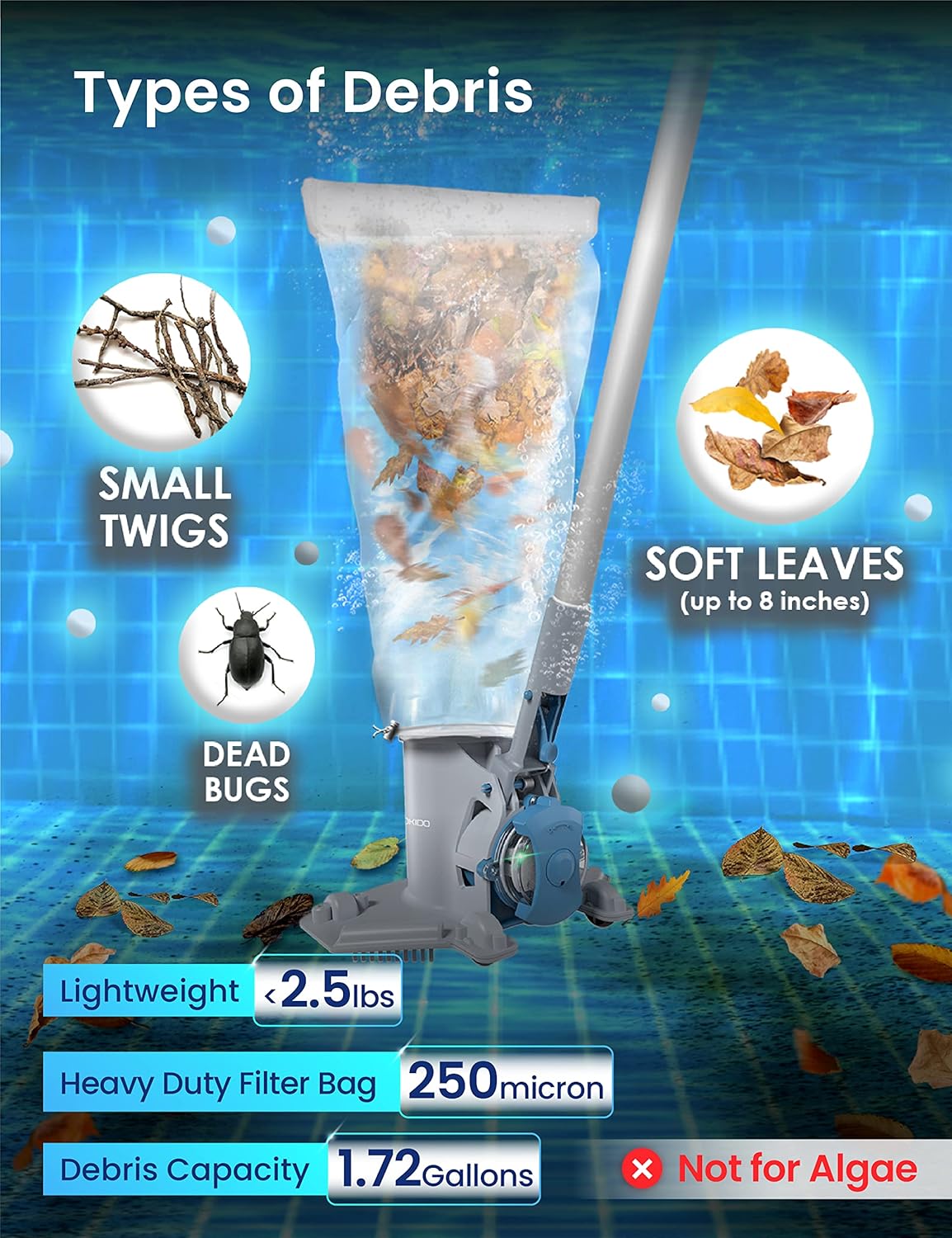 KOKIDO Rechargeable Cordless Pool Leaf Vacuum, 30GPM Strong Suction, 75 min Runtime, XL Heavy Duty Filter Bag, Leaves and Debris Removal, for Above Ground Pool and Inground Pools XV410