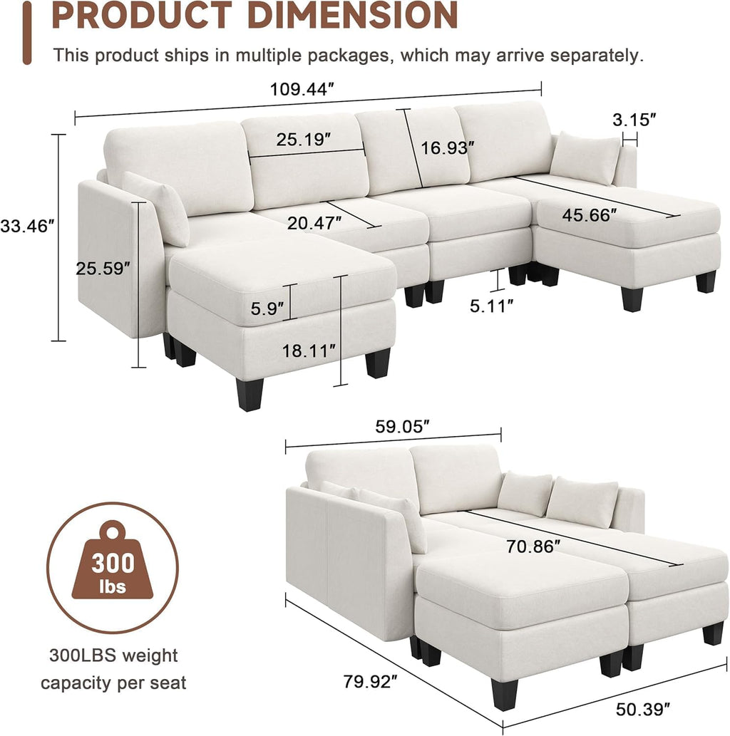 Modular Sectional Sofa, Convertible U Shaped Sofa Couch with High Density Memory Foam, 6 Seat Comfy Modular Sofa Couch for Living Room, Modern U Shaped Sectional Sofa, Dimgrey