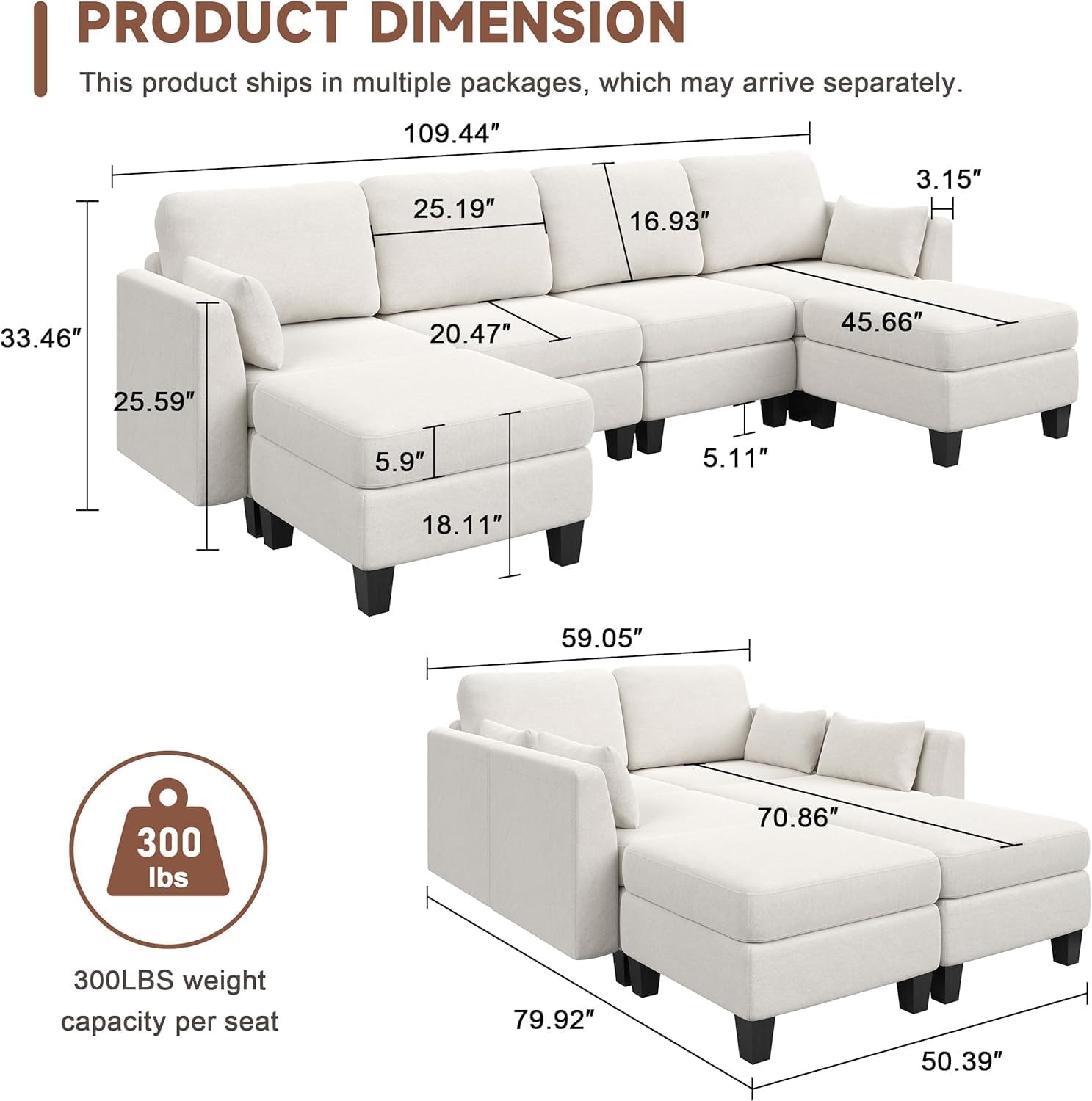 Modular Sectional Sofa, Convertible U Shaped Sofa Couch with High Density Memory Foam, 6 Seat Comfy Modular Sofa Couch for Living Room, Modern U Shaped Sectional Sofa, Dimgrey