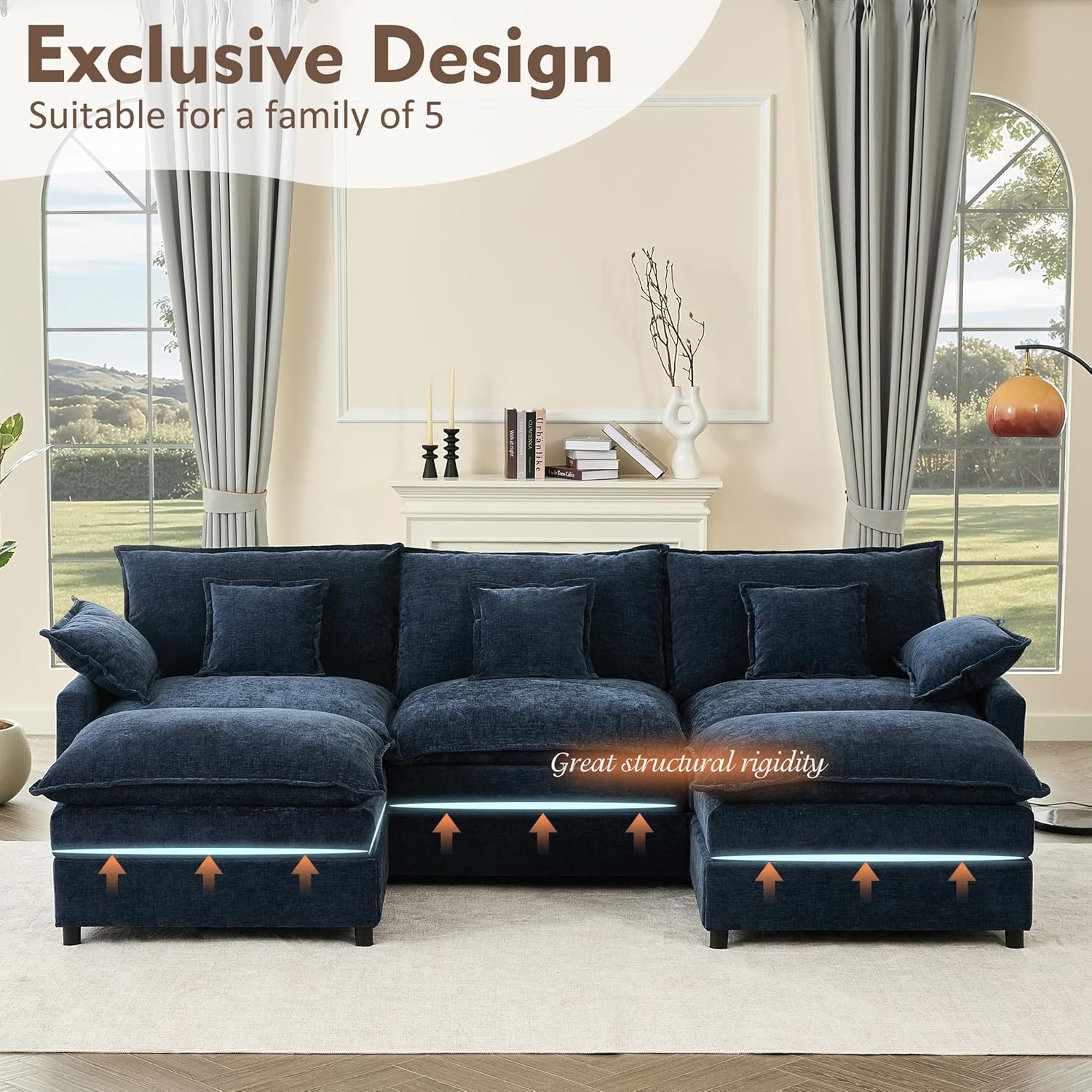 108" U Shaped Couch, Modular Sectional Sofa, 3-Seater Comfy Cloud Couch with Movable Ottoman, Deep Seat Couches for Living Room, Chenille, Slate