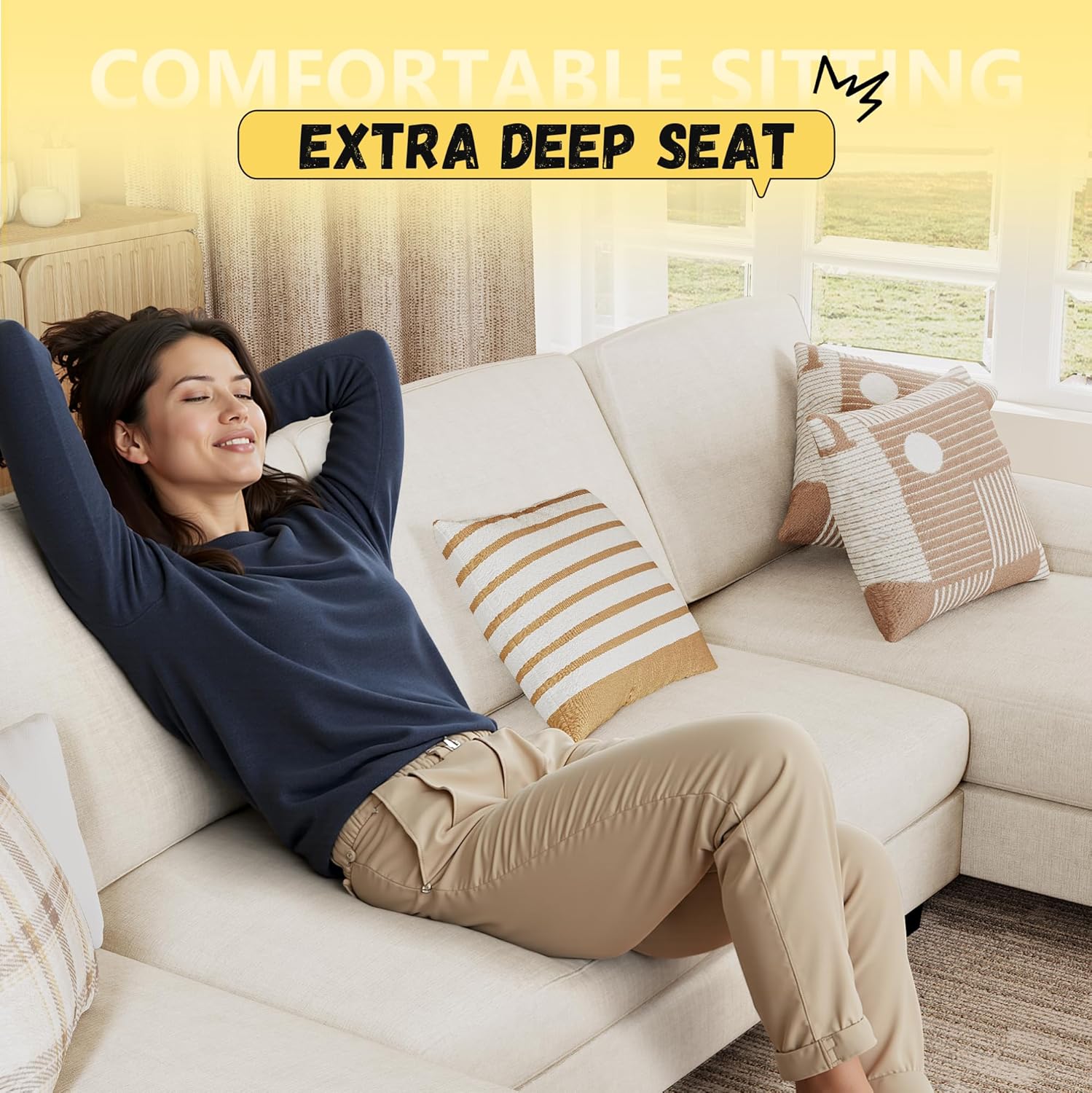 JUMMICO Sectional Couches for Living Room, U Shaped Couch with Chenille Fabric, 4 Seat Modern Sofa with Removable Pillows for Apartment and Small Space (Fabric, Grey)