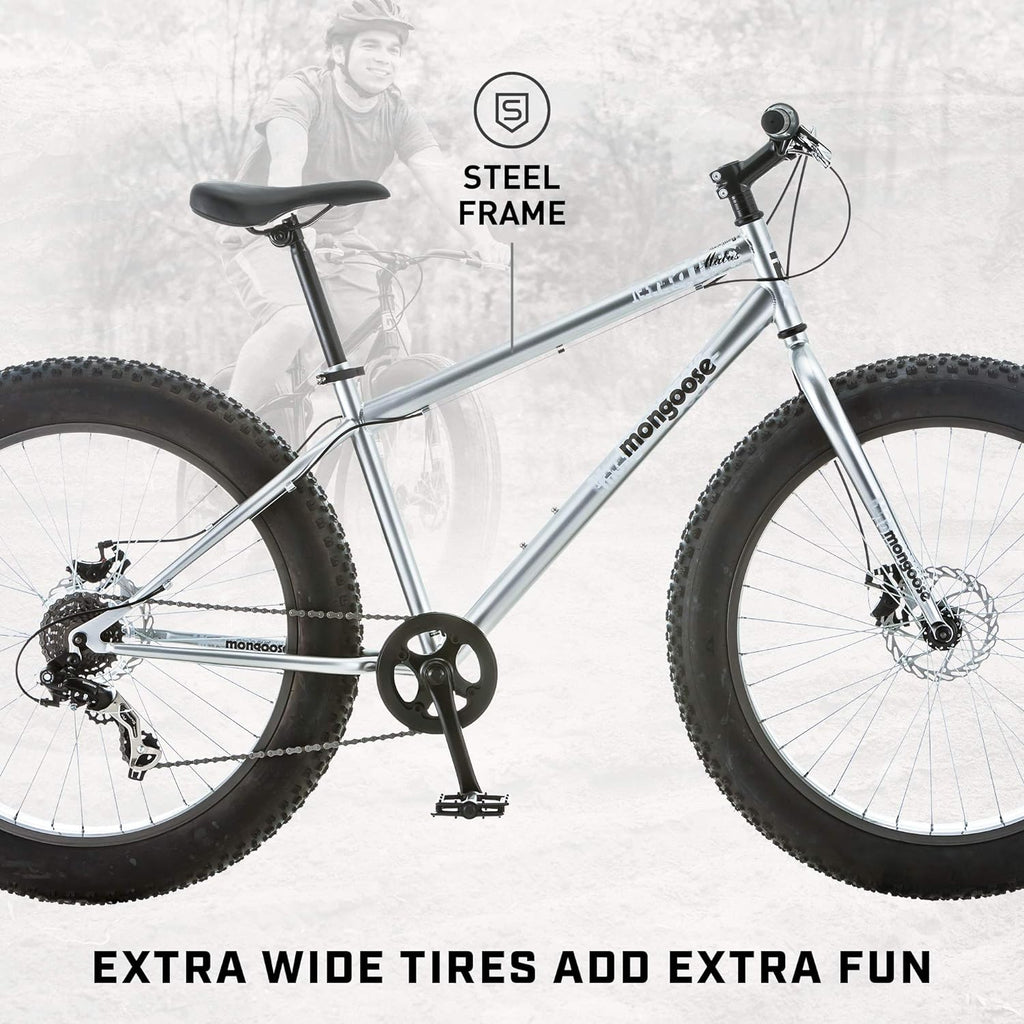 Malus Mens and Women Fat Tire Mountain Bike, 26-Inch Bicycle Wheels, 4-Inch Wide Knobby Tires, Steel Frame, 7 Speed Drivetrain, Shimano Rear Derailleur, Disc Brakes