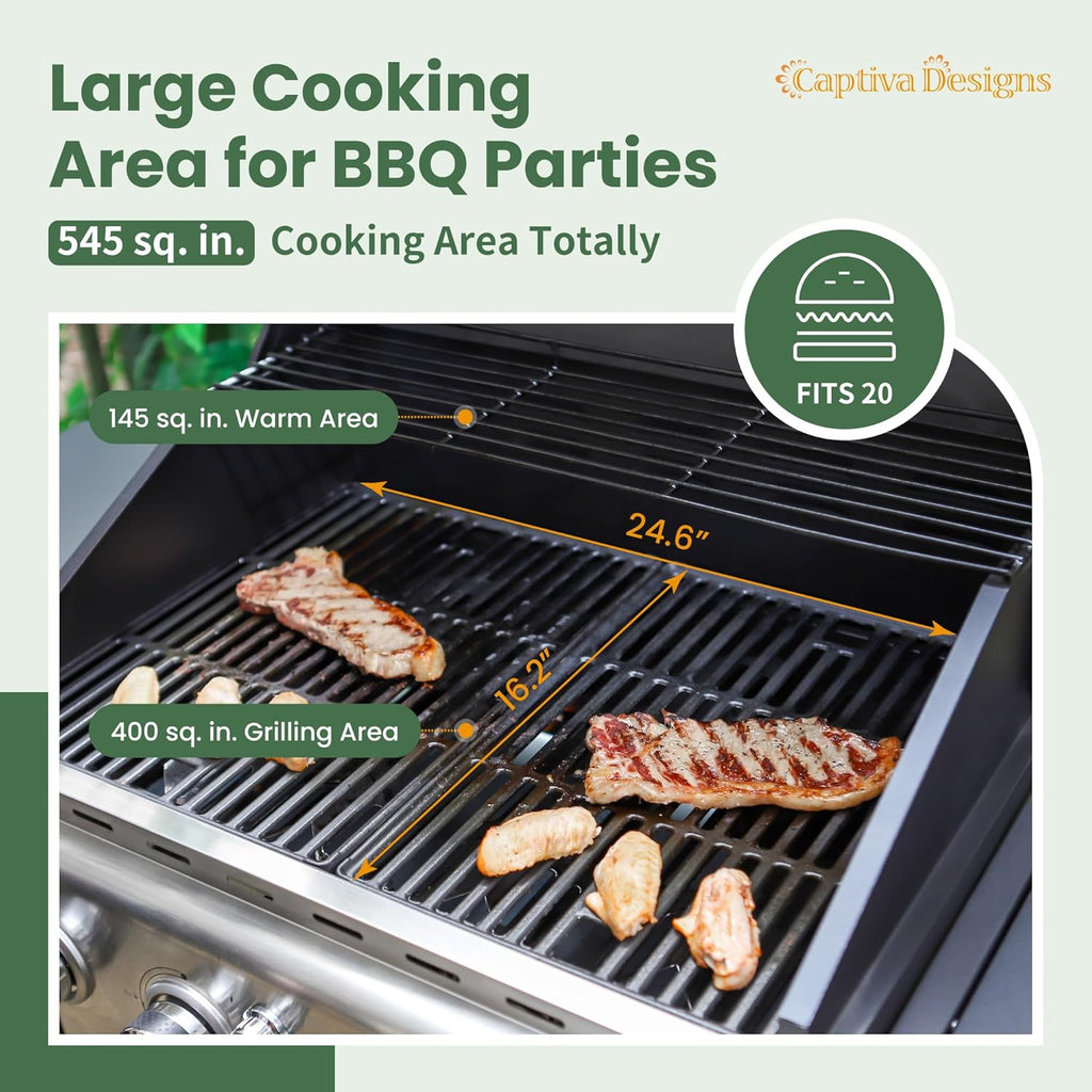 Burner Propane Gas BBQ Grill with Side Burner & Porcelain-Enameled Cast Iron Grates, 42,000 BTU Output Stainless Steel Grill for Outdoor Cooking Kitchen and Patio Backyard Barbecue-Captiva