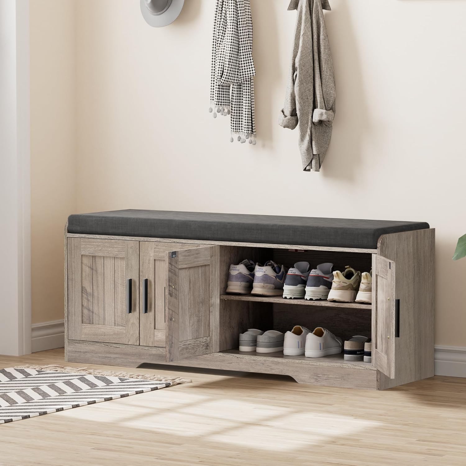 2-Tier Storage Bench, Shoe Bench with Thickened Padded Seat Cushion, Entryway Bench with 4 Doors, Adjustable Shelf, 13.8" D x 45.3" W x 18.5" H, for Entryway, Living Room, Bedroom, White