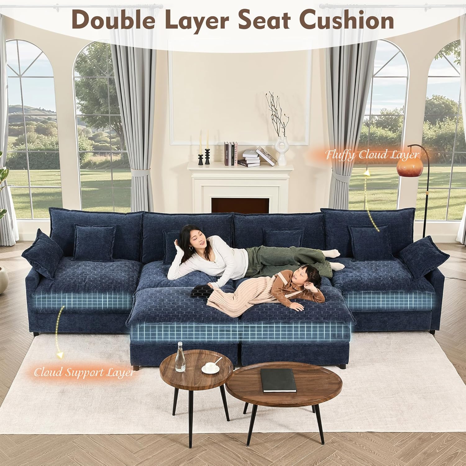 108" U Shaped Couch, Modular Sectional Sofa, 3-Seater Comfy Cloud Couch with Movable Ottoman, Deep Seat Couches for Living Room, Chenille, Slate