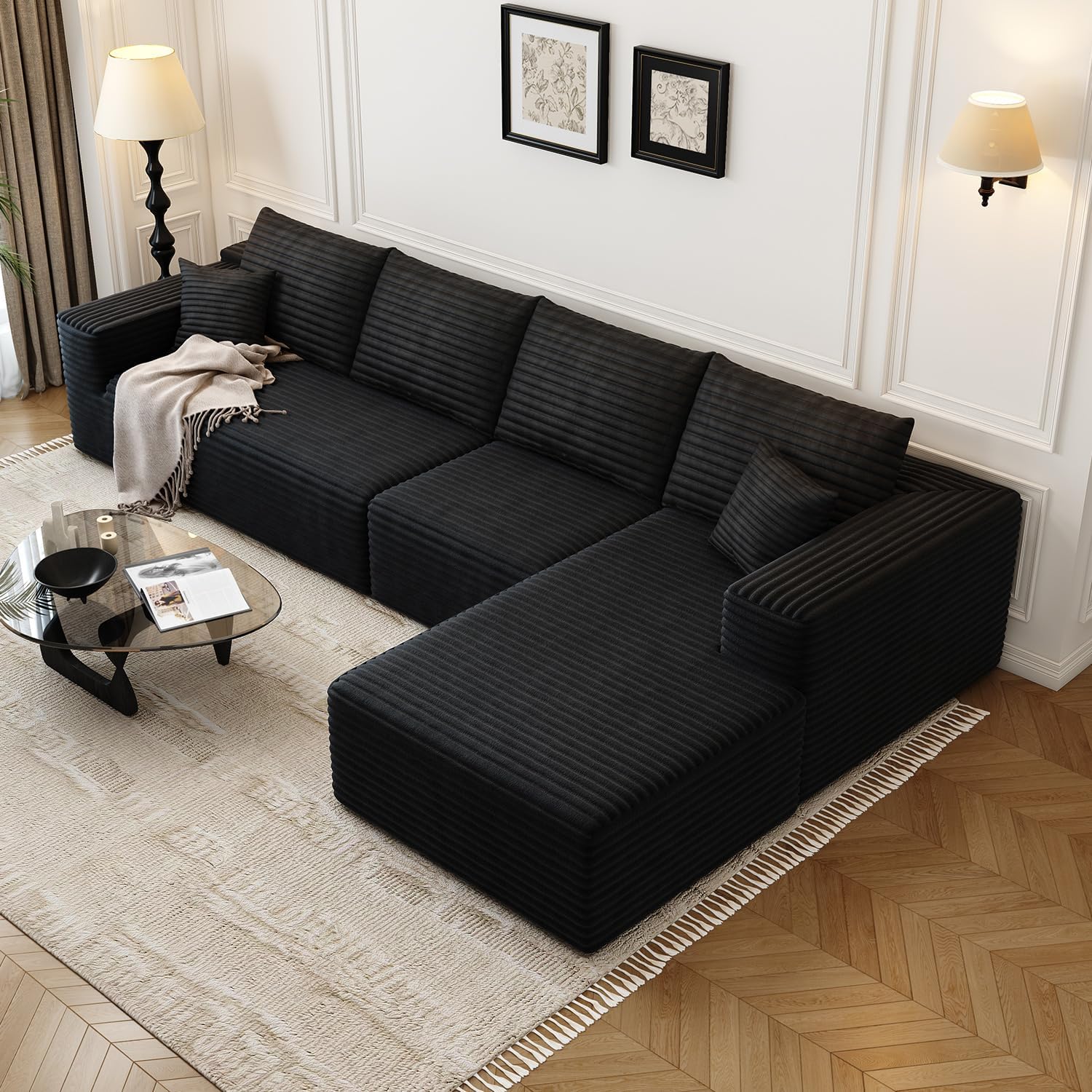 107.5" Cloud Modular Sectional Sofa Couch with L-Shape Chaise,Modern Minimalist Upholstered Couches for Living Room Bedroom,Deep Seat Corner Couch，No Assembly Required (Black,Left Facing Chaise)