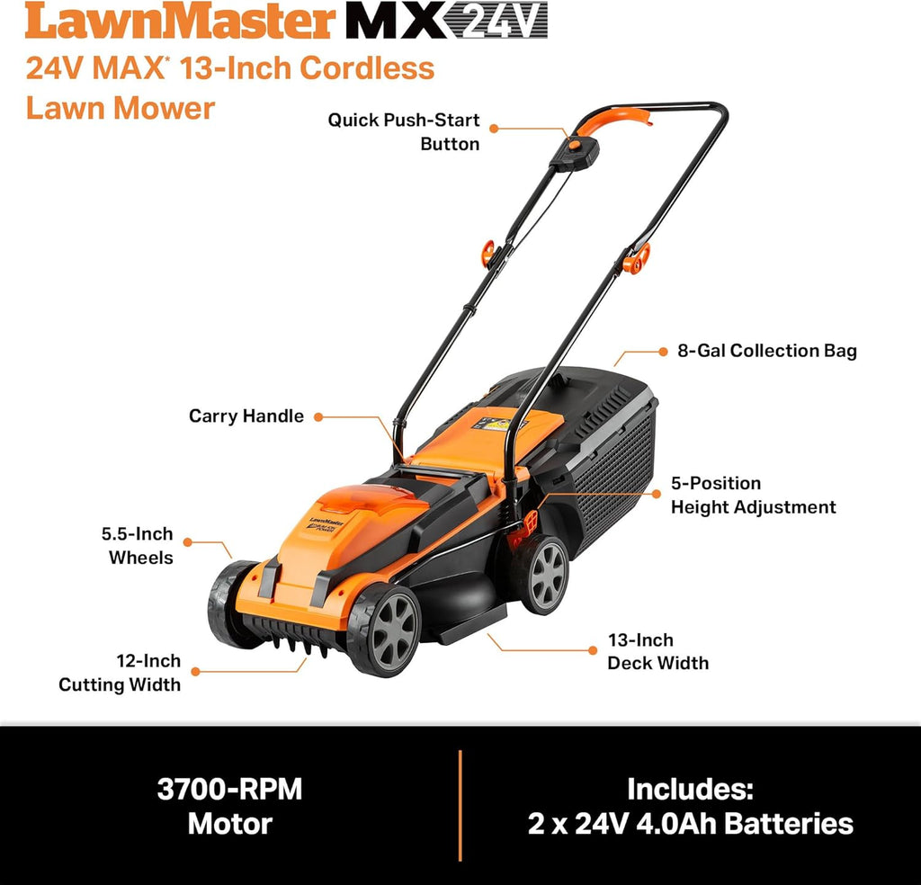 LawnMaster Cordless 13-Inch Lawn Mower 24V Max with 2X4.0Ah Battery and a Charger