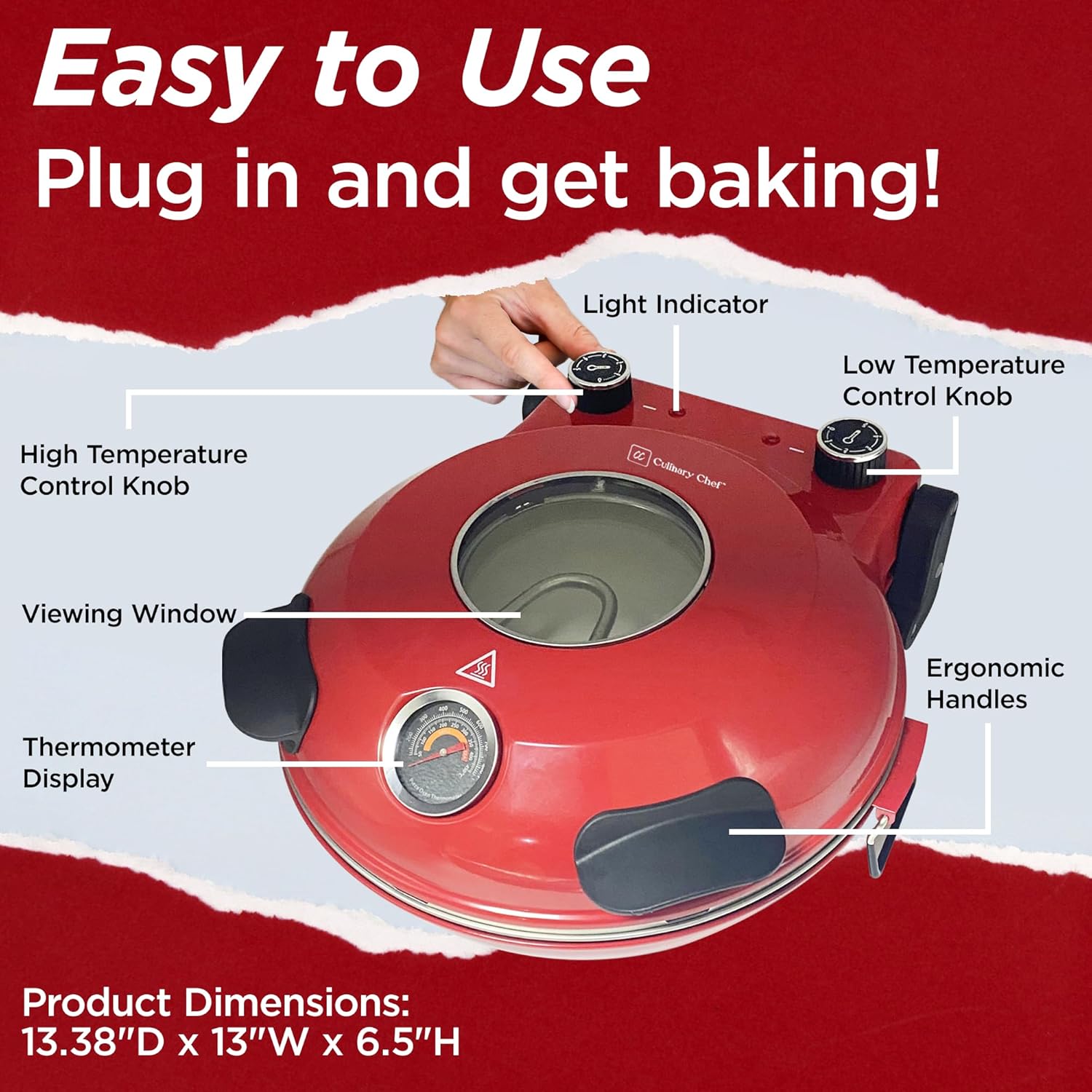 Electric Pizza Oven with Ceramic Stone, Viewing Window, Adjustable Heat Control, Timer and 1200W Baking Power, DIY Homemade Pizzeria, Large 12 Pie Capacity (Black)