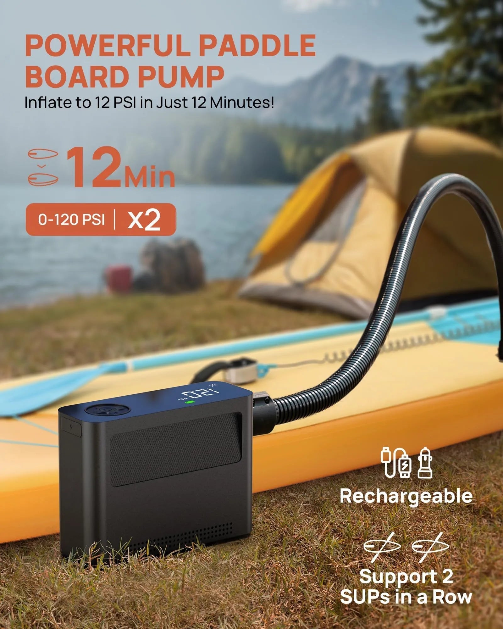 Tire Inflator Portable Air Compressor, Rechargeable Electric Paddle Board Pump 150PSI, 3X Faster Inflation 9 Pump Modes,Auto Air Pump for Car Tires Motorcycle Bike Ball SUP Tent Kayak Float