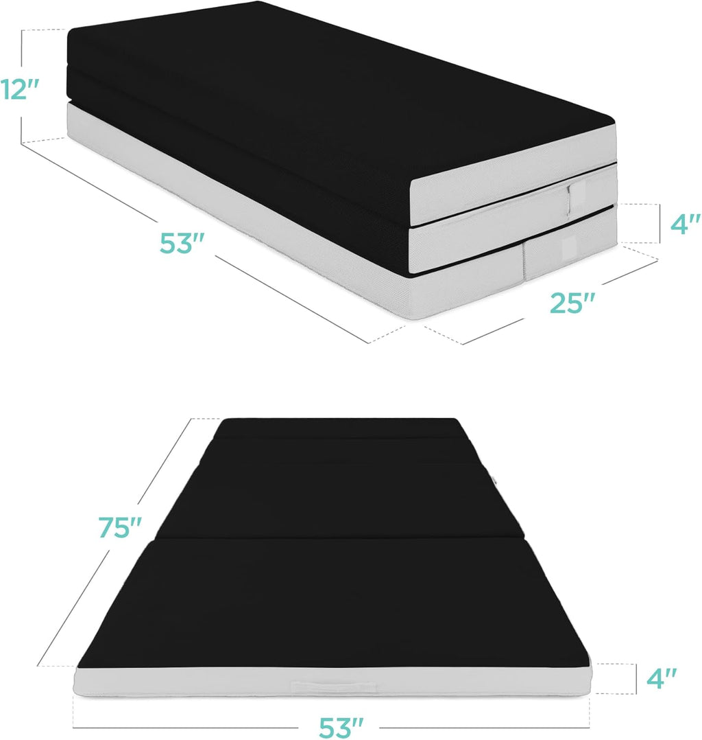 4in Portable Queen-Size Mattress, Tri-Fold Mattress for Camping, Guest, Toddler