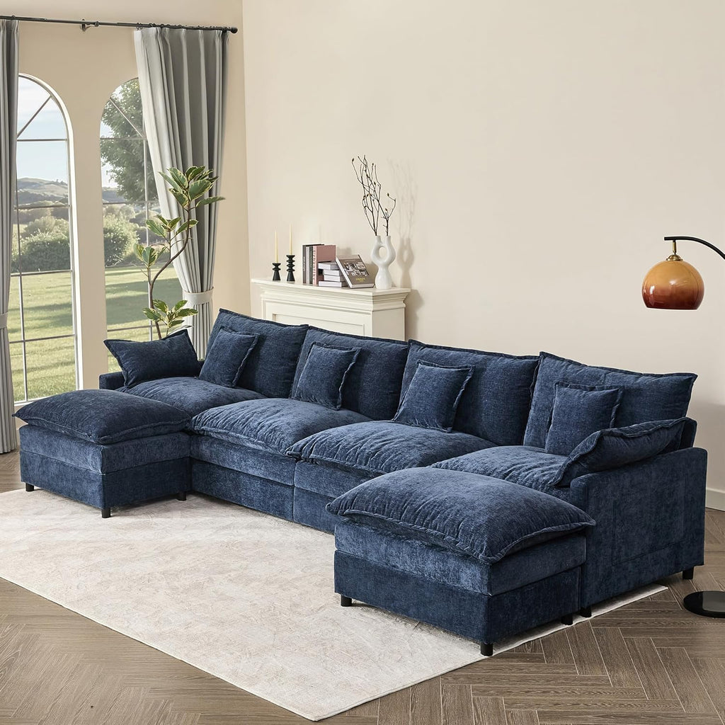108" U Shaped Couch, Modular Sectional Sofa, 3-Seater Comfy Cloud Couch with Movable Ottoman, Deep Seat Couches for Living Room, Chenille, Slate