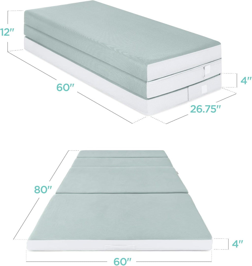 4in Portable Queen-Size Mattress, Tri-Fold Mattress for Camping, Guest, Toddler