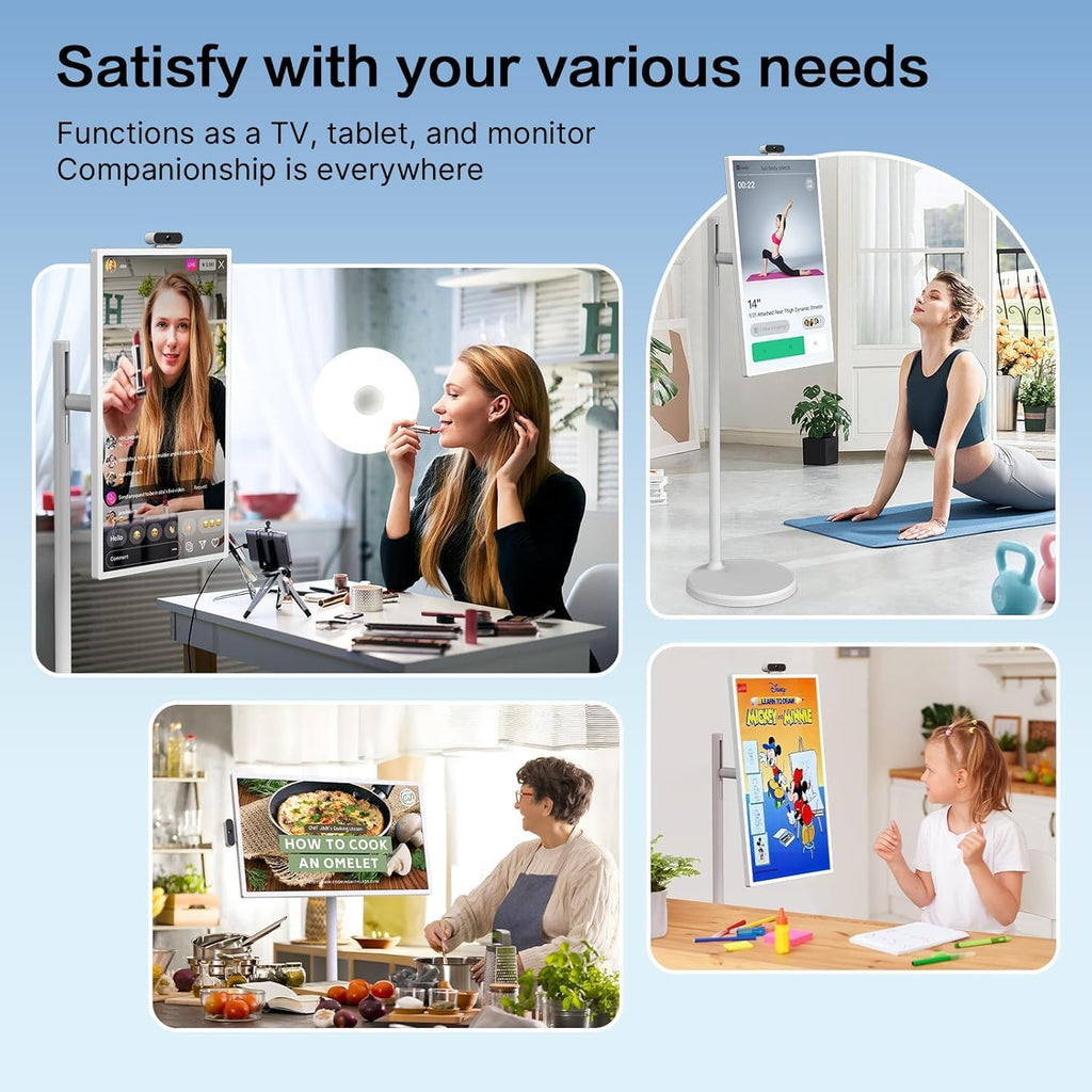 32-Inch Portable TV, 1080P FHD Rolling TV on Wheels with Rotatable Touch Screen, Android 13 OS, 8G RAM+128G Storage, Built-in Battery, Full Swivel Rotation, Voice Remote