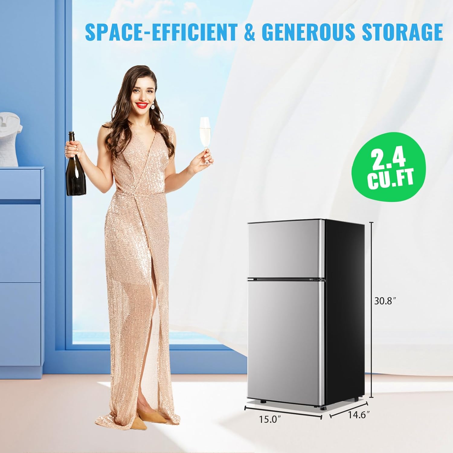 2.4 Cu.Ft Mini Fridge with Freezer & Double Door Small Tiny Size Refrigerator with 7 Temperature Control Knob Only Suitable for One Person Use Black