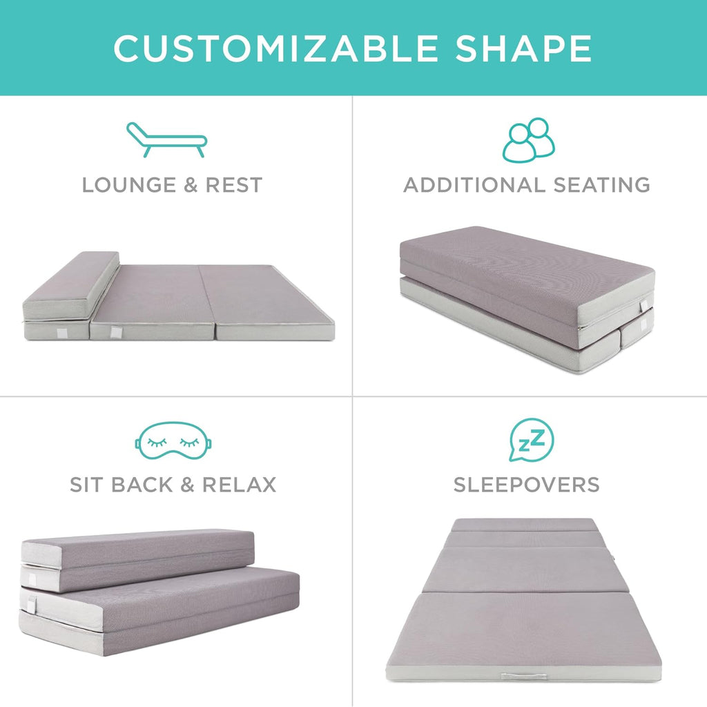 4in Portable Queen-Size Mattress, Tri-Fold Mattress for Camping, Guest, Toddler