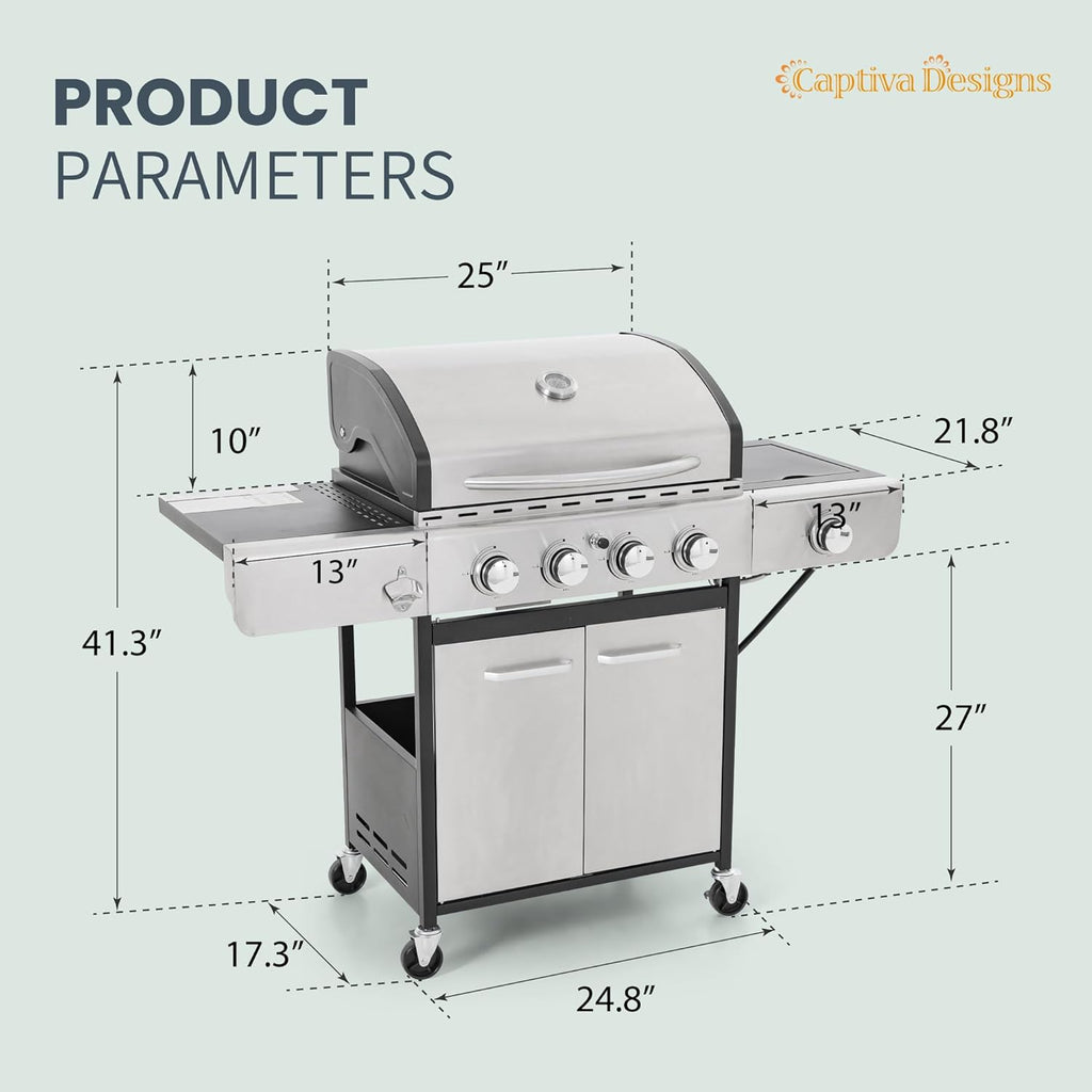 Burner Propane Gas BBQ Grill with Side Burner & Porcelain-Enameled Cast Iron Grates, 42,000 BTU Output Stainless Steel Grill for Outdoor Cooking Kitchen and Patio Backyard Barbecue-Captiva