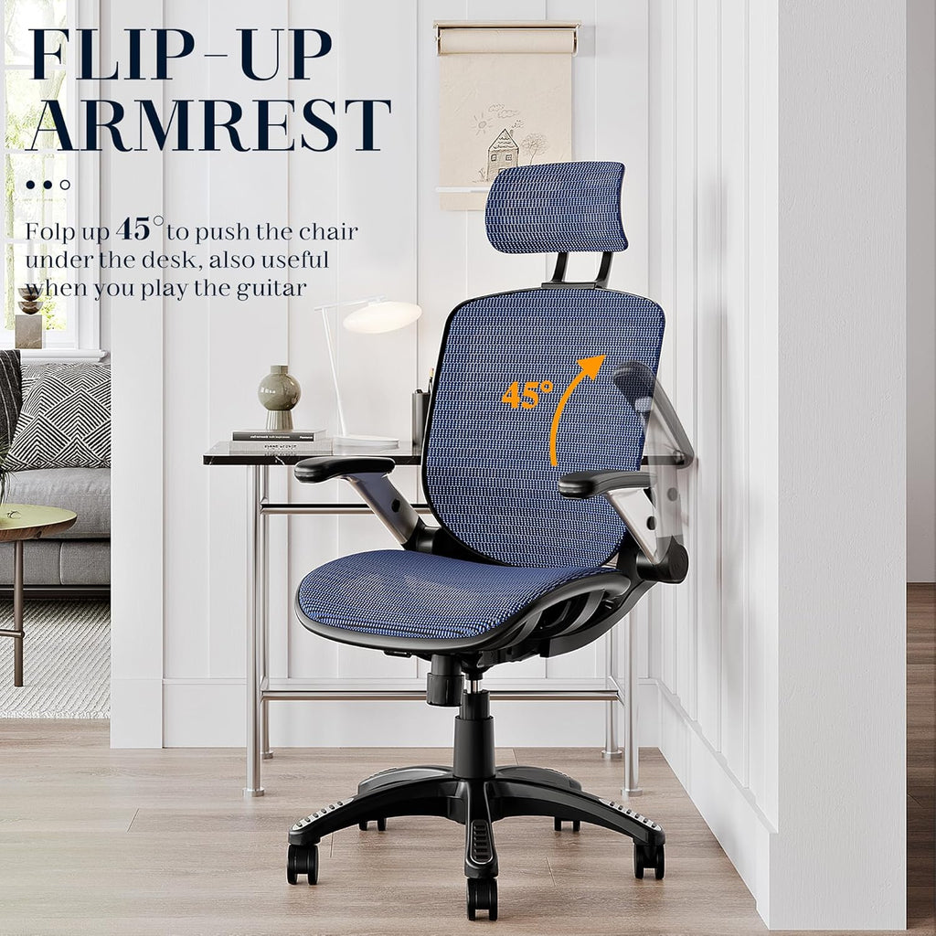 GABRYLLY Ergonomic Office Chair, High Back Home Desk Chair with Headrest, Flip-Up Arms, 90-120° Tilt Lock and Wide Cushion, Big and Tall Mesh Chairs for Man Woman, Black Task Chair