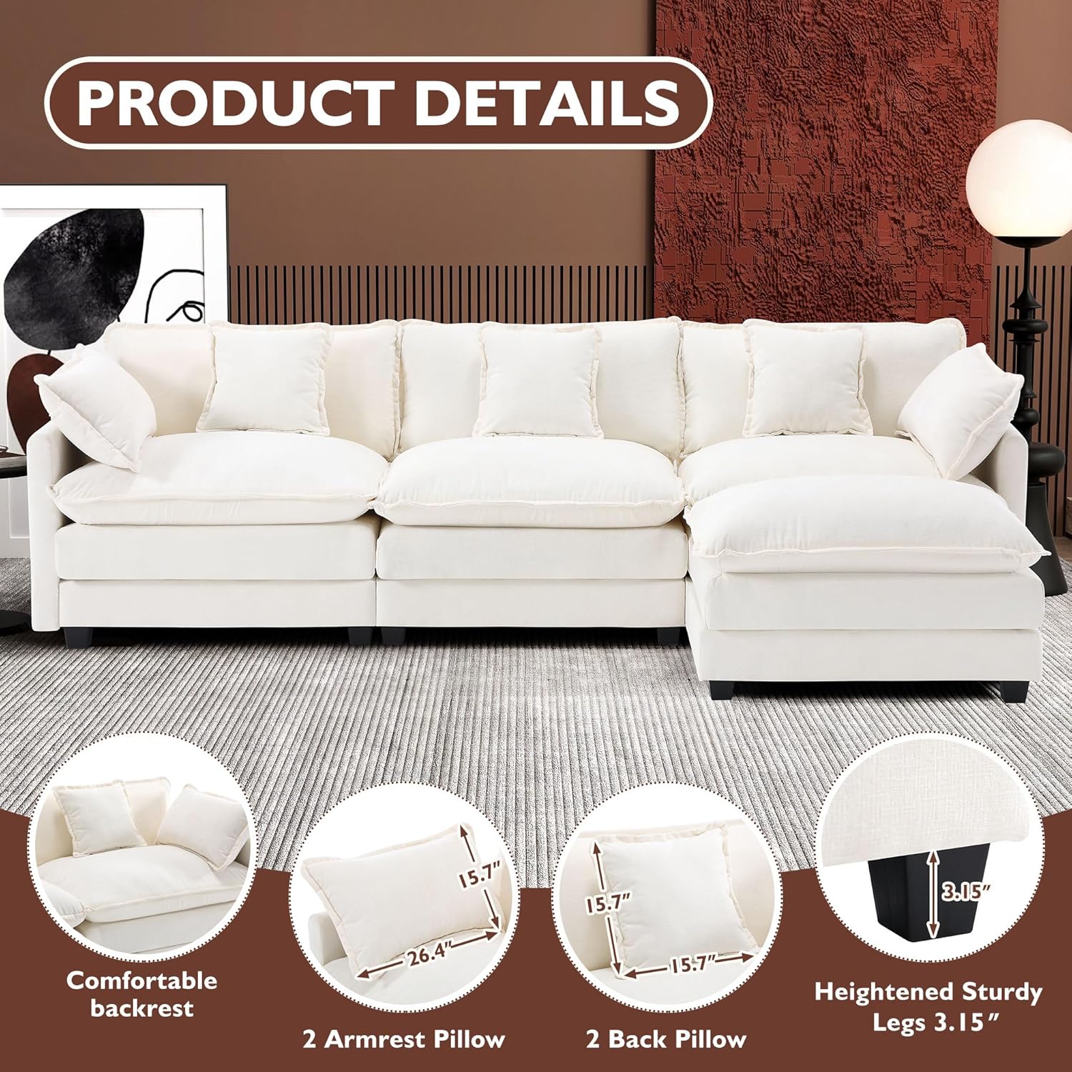 111.4 Inch L-Shaped Modern Sofa Modular Cloud Sofa Ottoman 4-Seater Chenille Deep Seat Sofa