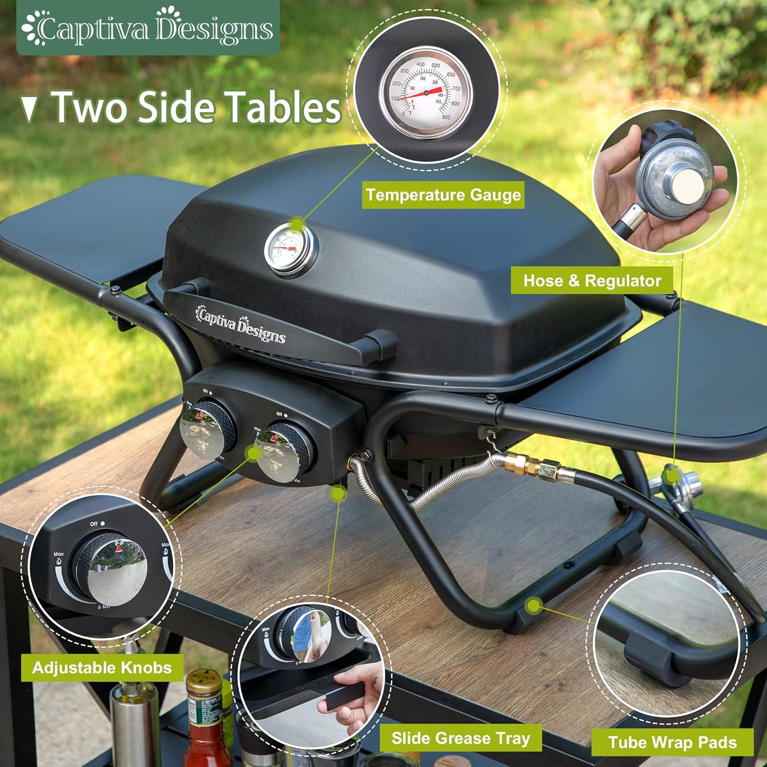 Burner Propane Gas BBQ Grill with Side Burner & Porcelain-Enameled Cast Iron Grates, 42,000 BTU Output Stainless Steel Grill for Outdoor Cooking Kitchen and Patio Backyard Barbecue-Captiva
