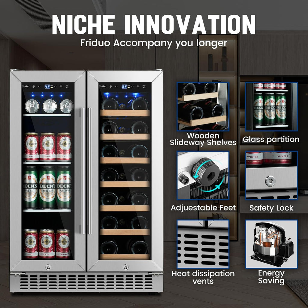 24 inch Dual Zone Beverage Refrigerator, 30 Bottles & 82 Cans Wine Fridge Built-in or Freestanding with Glass Door, Wine and Beverage Refrigerator Cooler for Kitchen Home Bar
