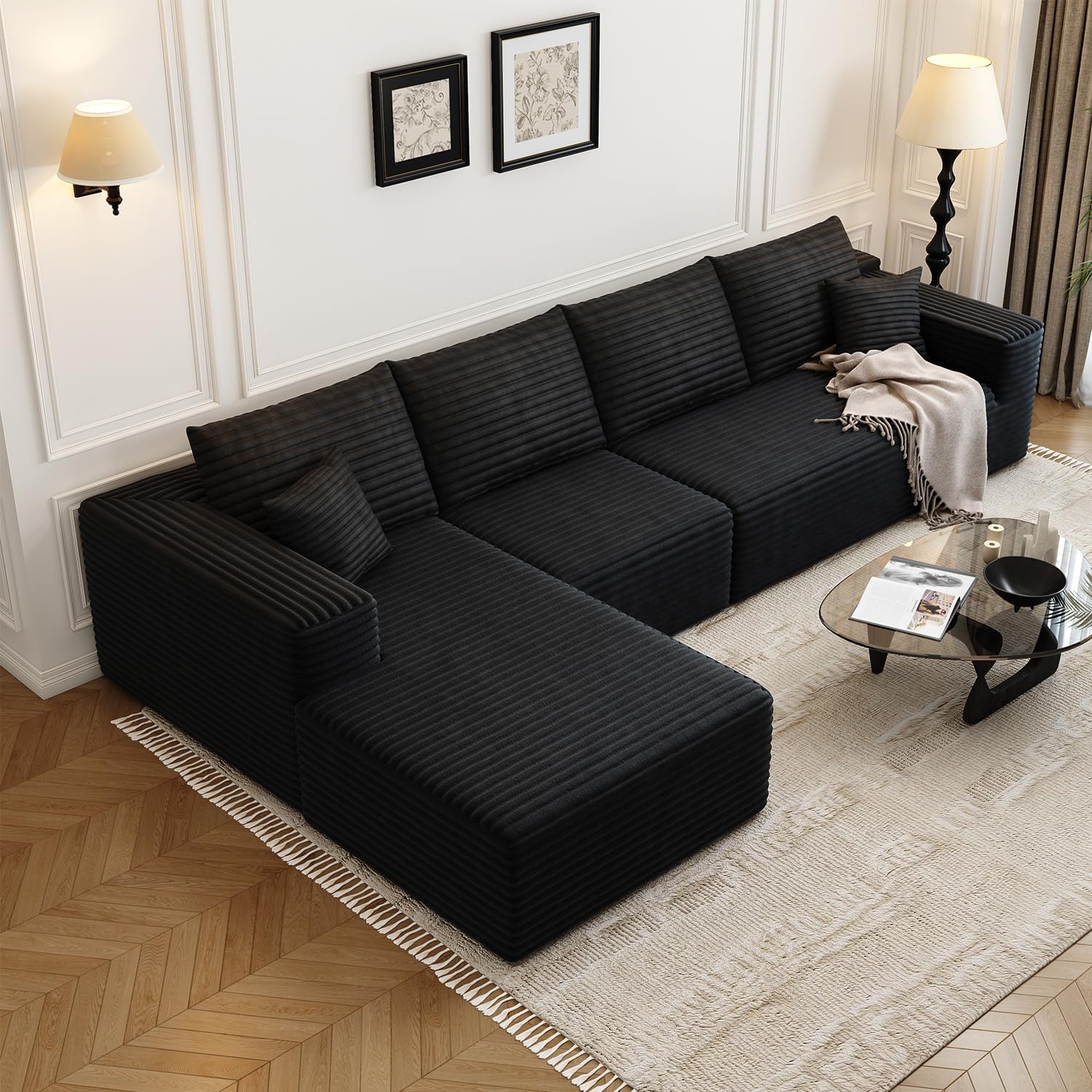 107.5" Cloud Modular Sectional Sofa Couch with L-Shape Chaise,Modern Minimalist Upholstered Couches for Living Room Bedroom,Deep Seat Corner Couch，No Assembly Required (Black,Left Facing Chaise)