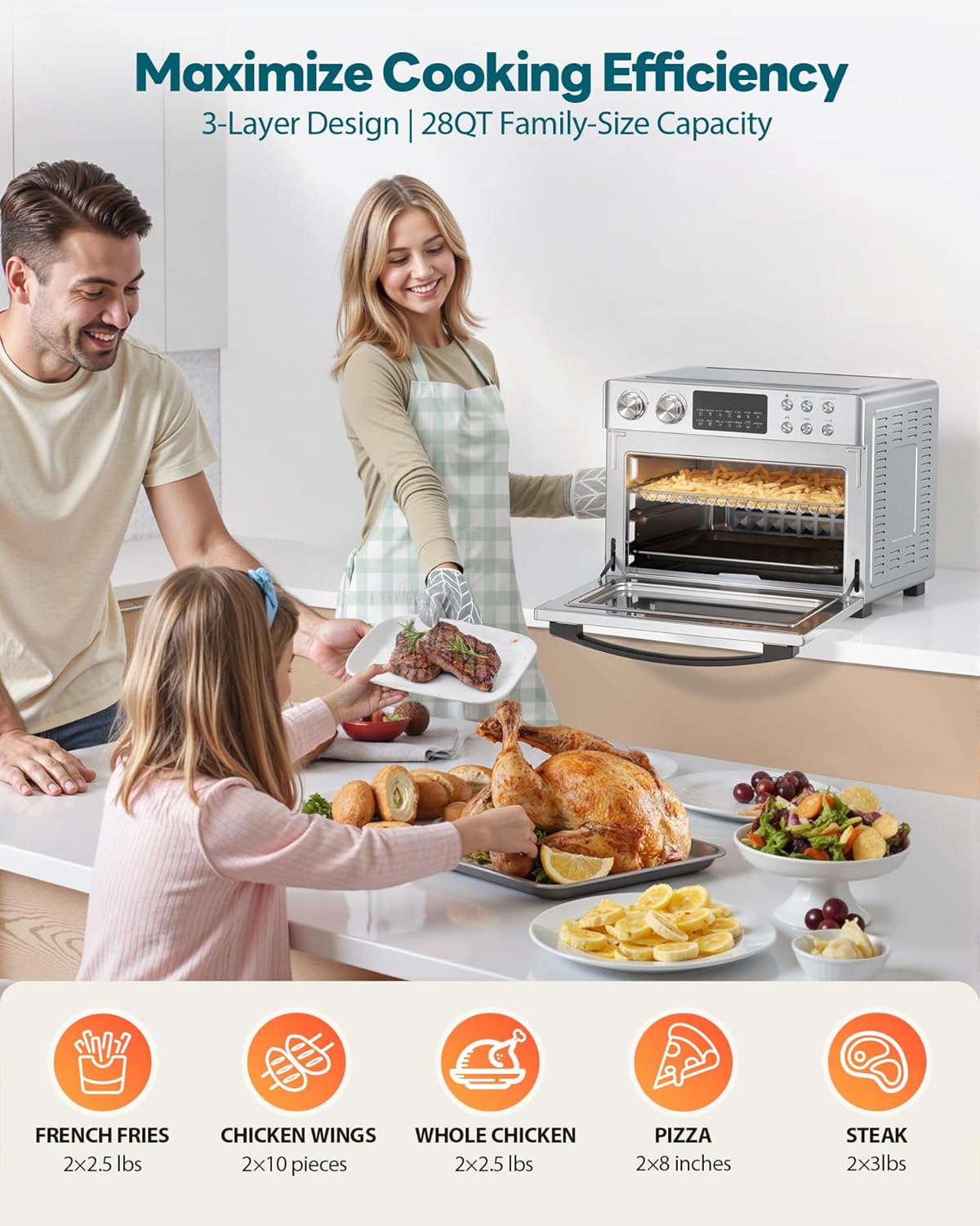 28QT Air Fryer Toaster Oven Combo, Large 12-in-1 Convection Countertop Oven with 3-Layer Cooking, Rotisserie for Chicken, 6 Heating Tubes, Fast Preheat, Fits 11" Pizza, Full Accessories, Sparkle Black
