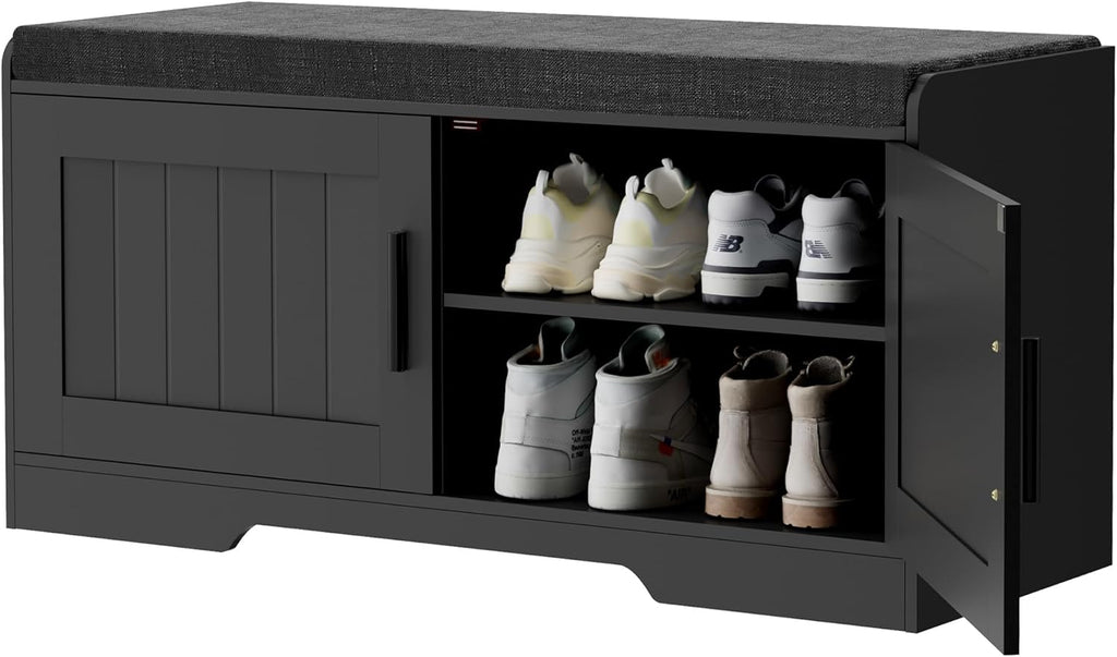 2-Tier Storage Bench, Shoe Bench with Thickened Padded Seat Cushion, Entryway Bench with 4 Doors, Adjustable Shelf, 13.8" D x 45.3" W x 18.5" H, for Entryway, Living Room, Bedroom, White