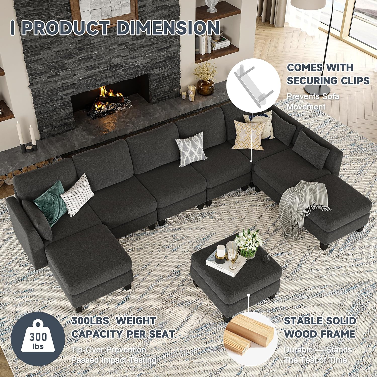 Modular Sectional Sofa, Convertible U Shaped Sofa Couch with High Density Memory Foam, 6 Seat Comfy Modular Sofa Couch for Living Room, Modern U Shaped Sectional Sofa, Dimgrey