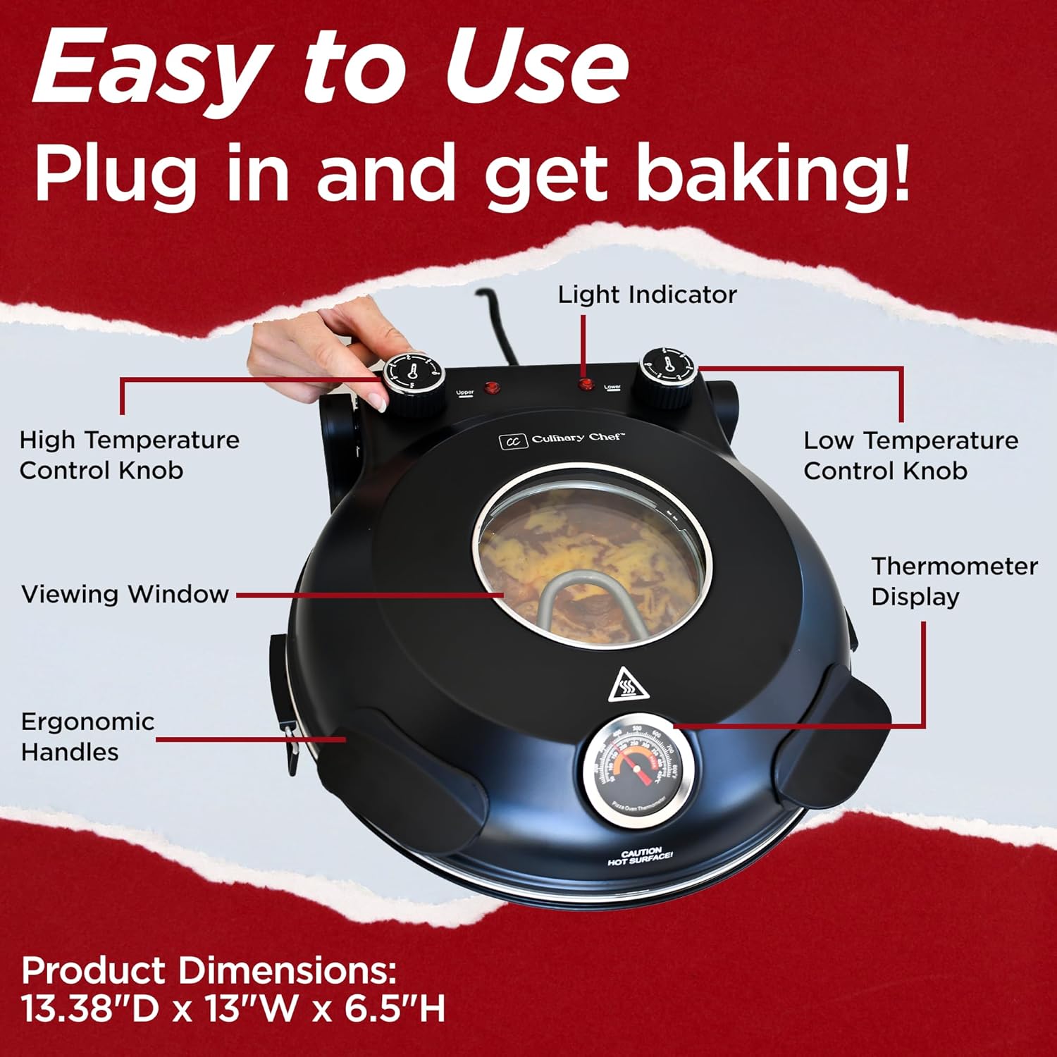 Electric Pizza Oven with Ceramic Stone, Viewing Window, Adjustable Heat Control, Timer and 1200W Baking Power, DIY Homemade Pizzeria, Large 12 Pie Capacity (Black)