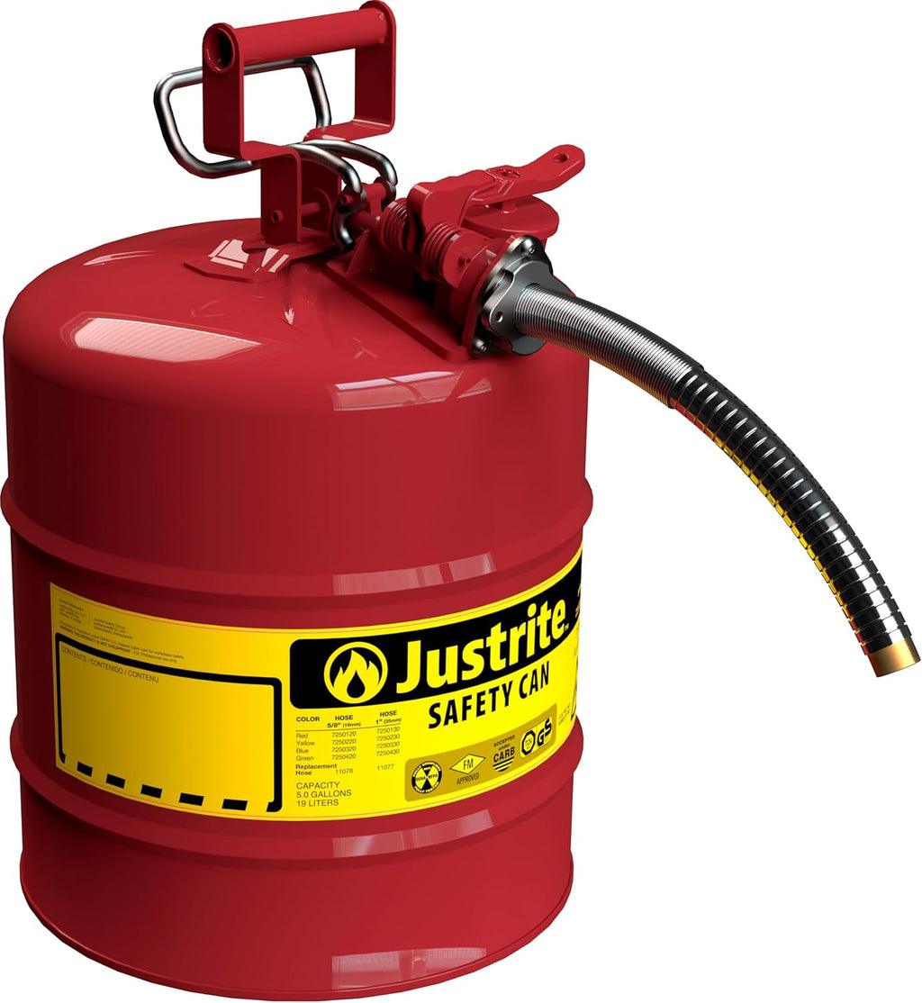 Justrite 5-Gallon Type II Red Safety Gas Can OSHA-Approved Steel Fuel Container with Flame Arrester, Self-Closing Lid & 1" Flexible Spout (7250130)