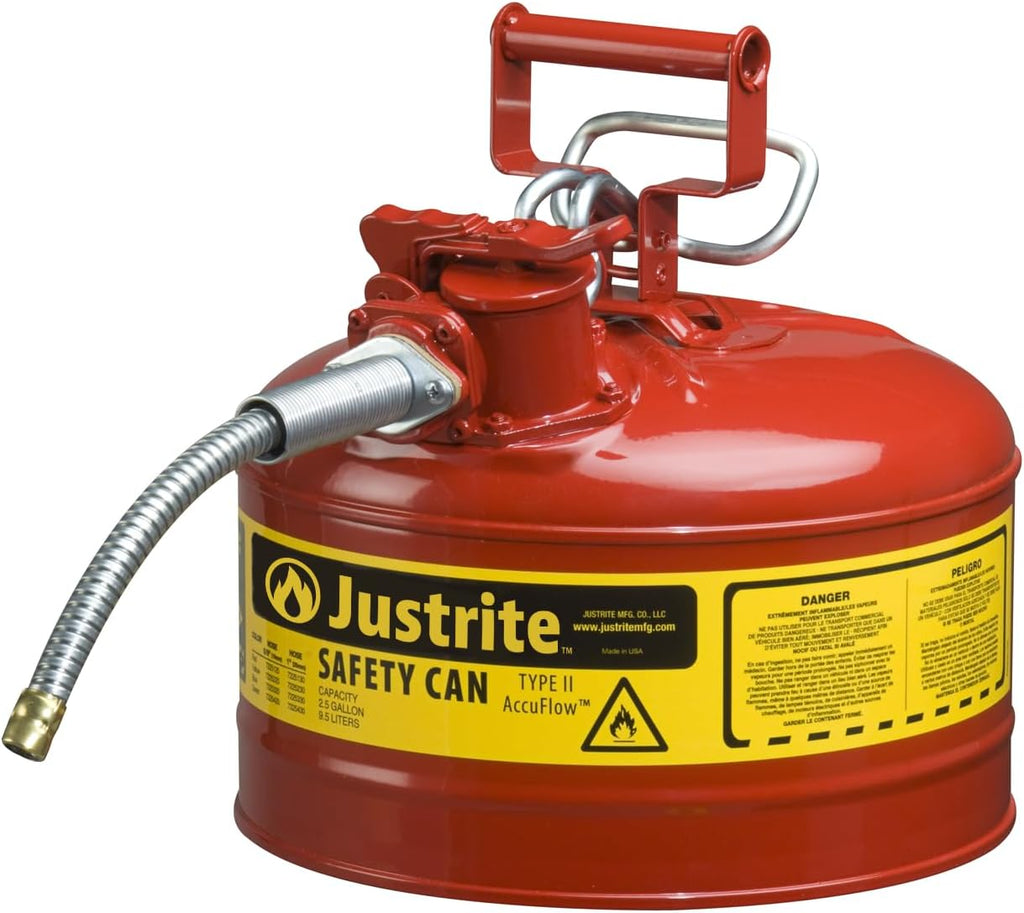 Justrite 5-Gallon Type II Red Safety Gas Can OSHA-Approved Steel Fuel Container with Flame Arrester, Self-Closing Lid & 1" Flexible Spout (7250130)