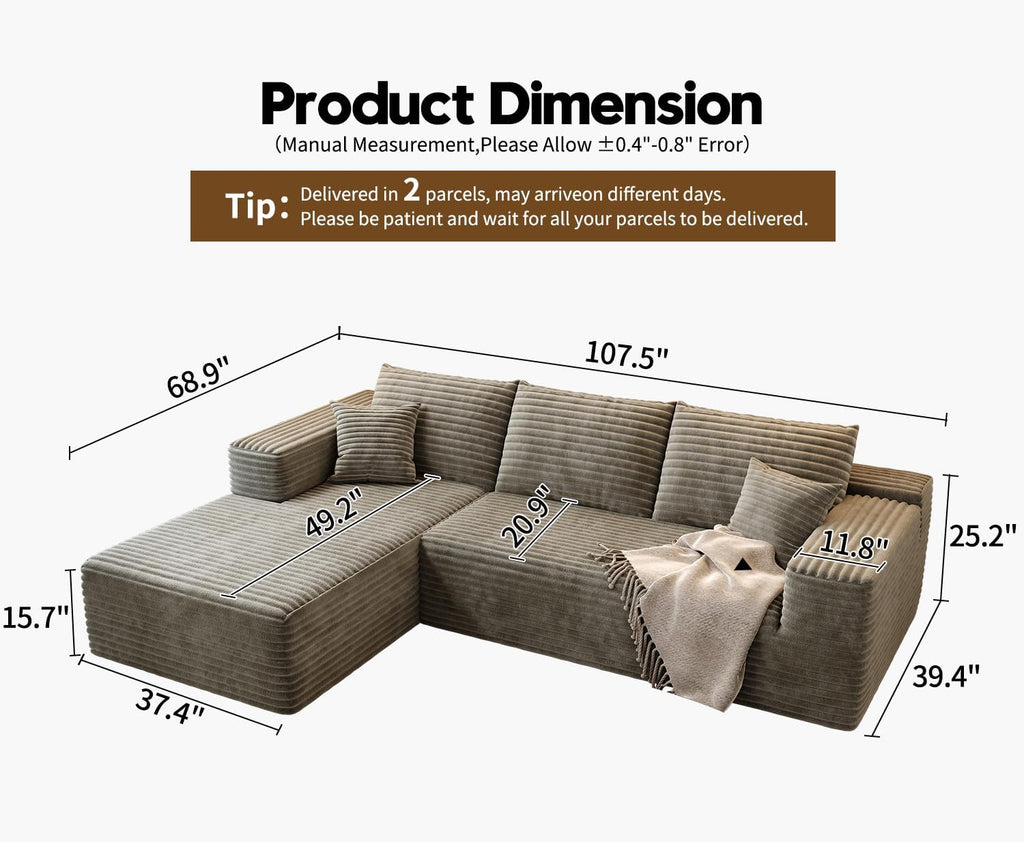 107.5" Cloud Modular Sectional Sofa Couch with L-Shape Chaise,Modern Minimalist Upholstered Couches for Living Room Bedroom,Deep Seat Corner Couch，No Assembly Required (Black,Left Facing Chaise)