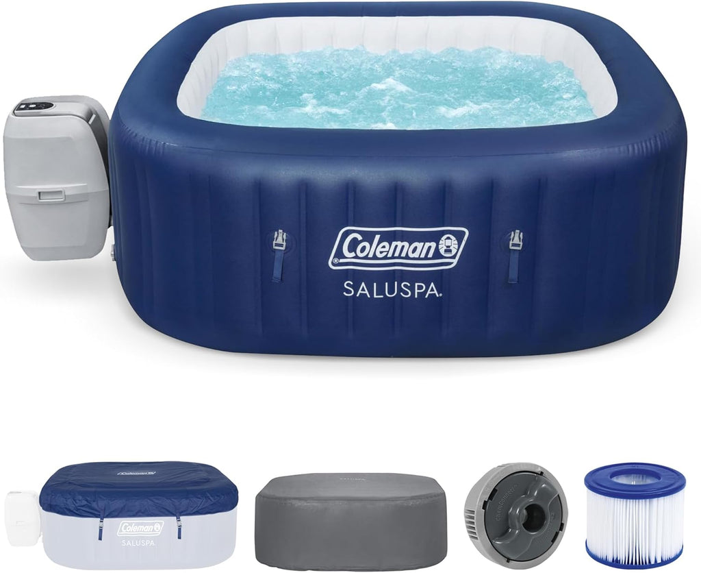 4 to 6 Person Inflatable Hot Tub Square Portable Outdoor Spa with 114 Soothing AirJets and Insulated Cover, Gray-Coleman