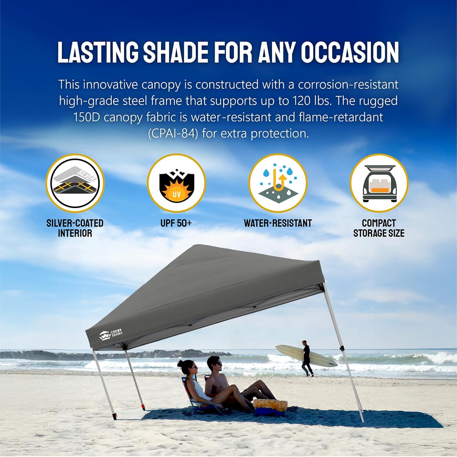 10x10 Pop-Up Awning - One-Click Installation Beach Tent - Outdoor Sunshade Silver Coated Top, 3 Heights and 4 Sand Pockets