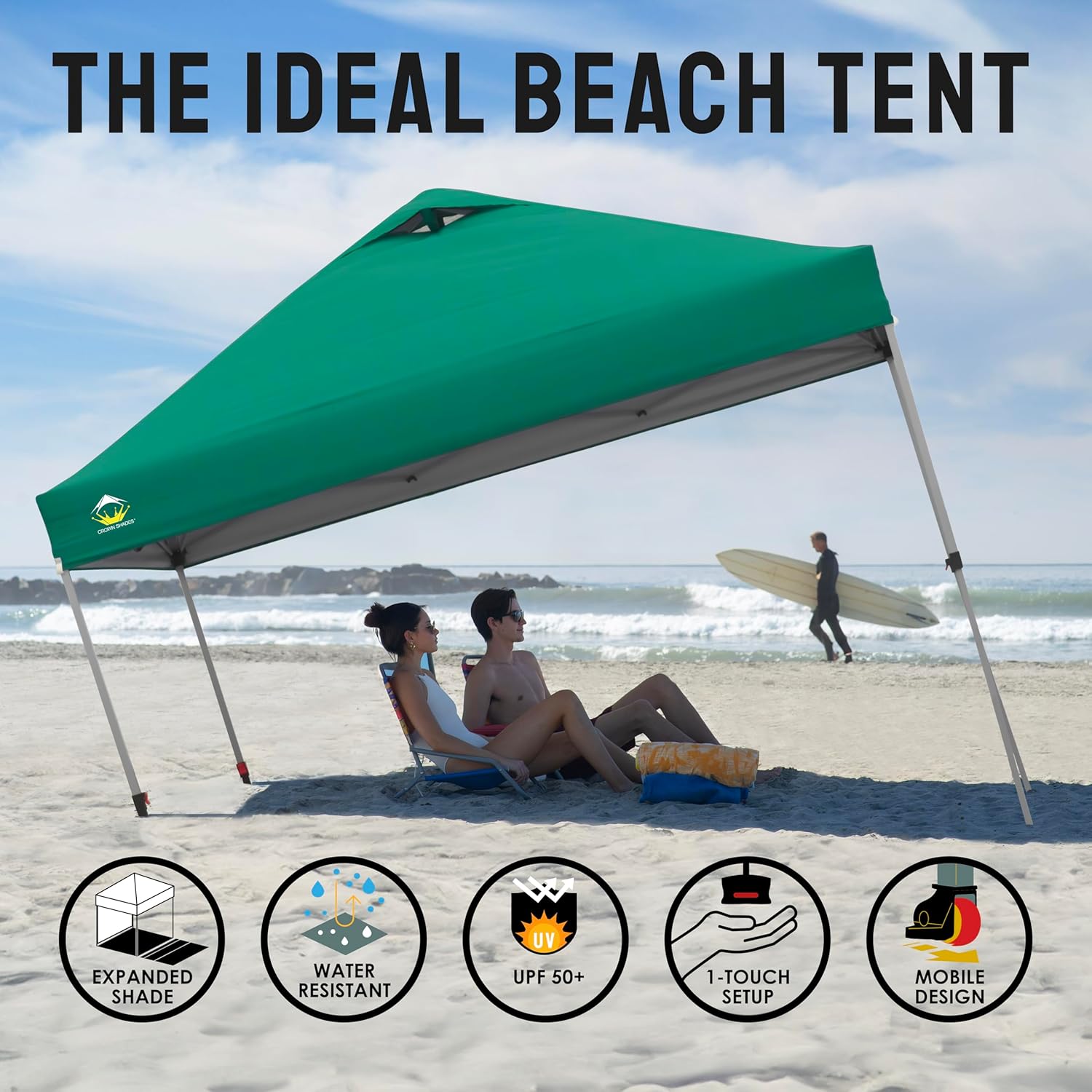 10x10 Pop-Up Awning - One-Click Installation Beach Tent - Outdoor Sunshade Silver Coated Top, 3 Heights and 4 Sand Pockets