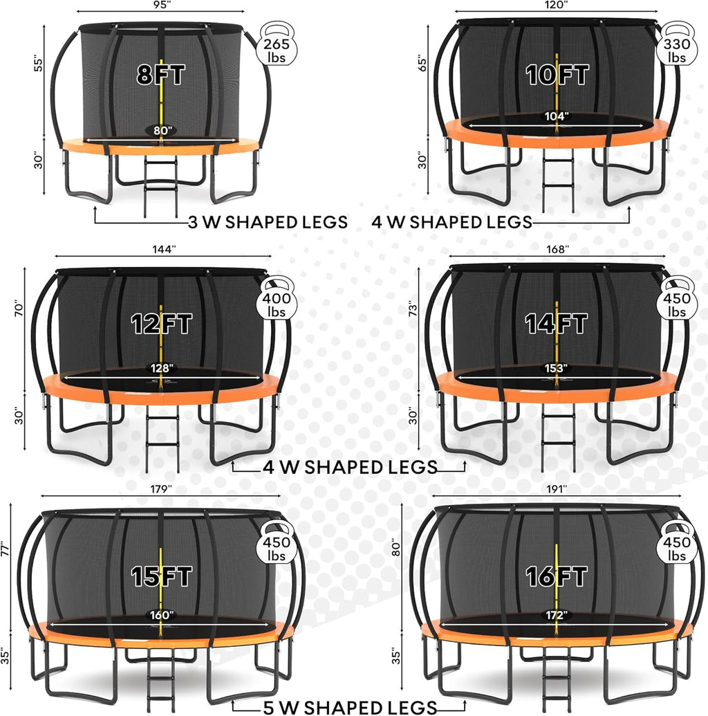 JUMPZYLLA Trampoline 8FT 10FT 12FT 14FT 15FT 16FT Trampoline with Enclosure - Recreational Trampolines with Ladder and AntiRust Coating, ASTM Approval Outdoor Trampoline for Kids