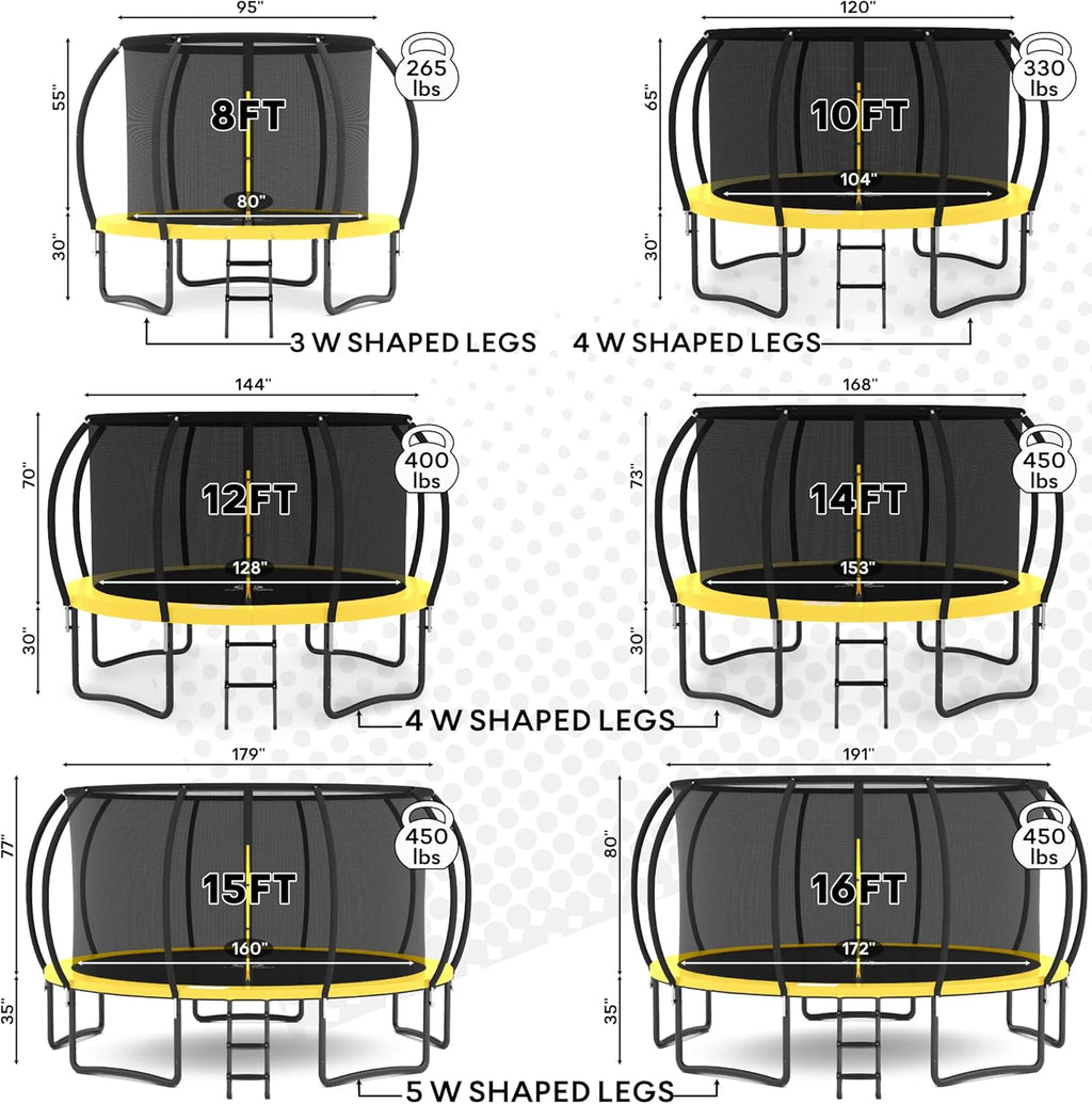 JUMPZYLLA Trampoline 8FT 10FT 12FT 14FT 15FT 16FT Trampoline with Enclosure - Recreational Trampolines with Ladder and AntiRust Coating, ASTM Approval Outdoor Trampoline for Kids