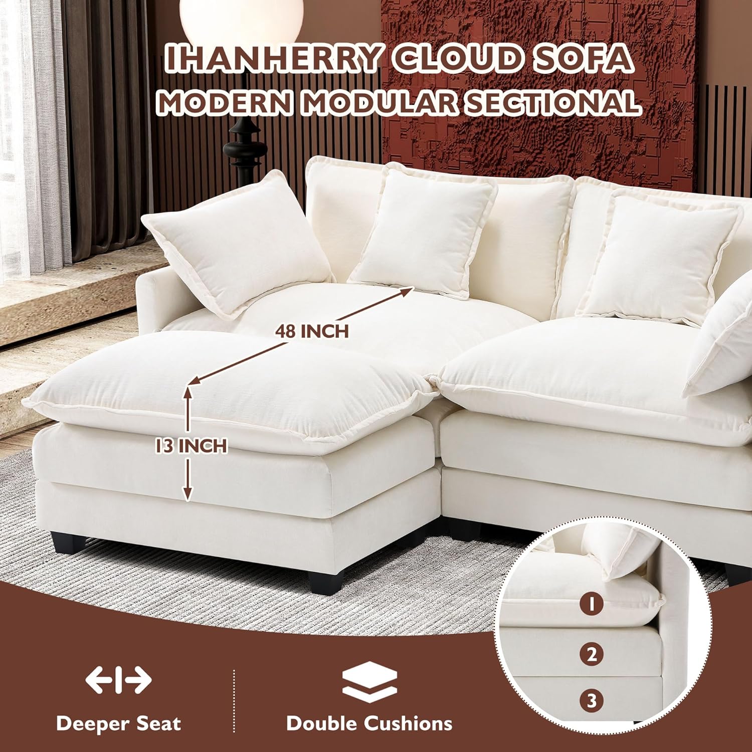 111.4 Inch L-Shaped Modern Sofa Modular Cloud Sofa Ottoman 4-Seater Chenille Deep Seat Sofa