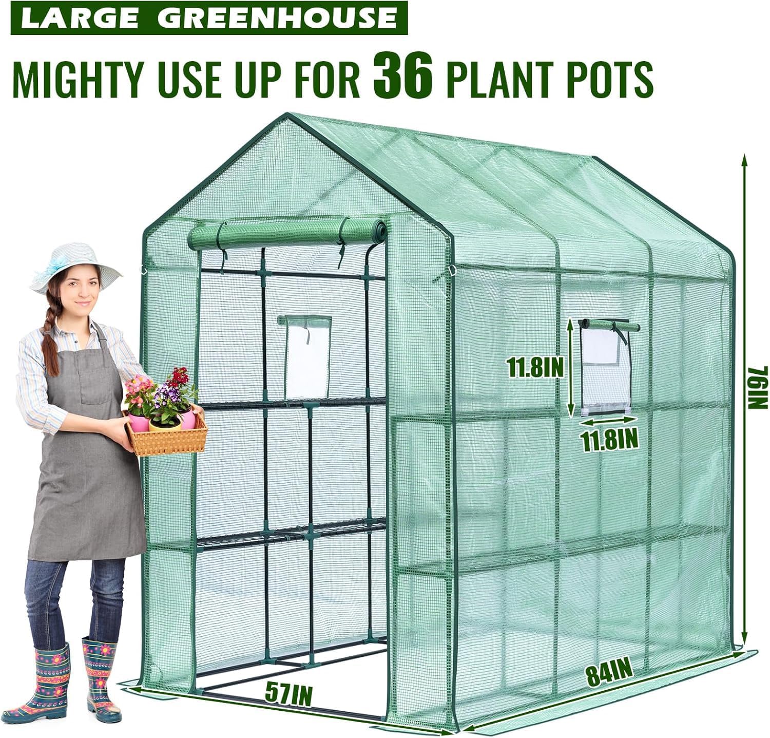 Greenhouse, 57 x 85 x 76'' Greenhouses for Outdoors, Portable Greenhouse Kit with Mesh Side Windows, PE Cover, 8 Shelves, Heavy Duty Walk in Green House for Backyard Garden Indoor Outside