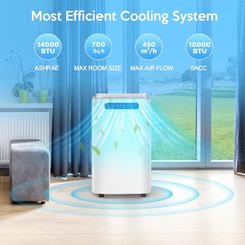 Portable Air Conditioners 14000Btu with Remote Control, 3-in-1 Free Stand Smart Cooling AC Unit with Dehumidifier, Fan, Cools Room up to 700 sq.ft, Auto Swing,24H Timer, Windows Kit Included