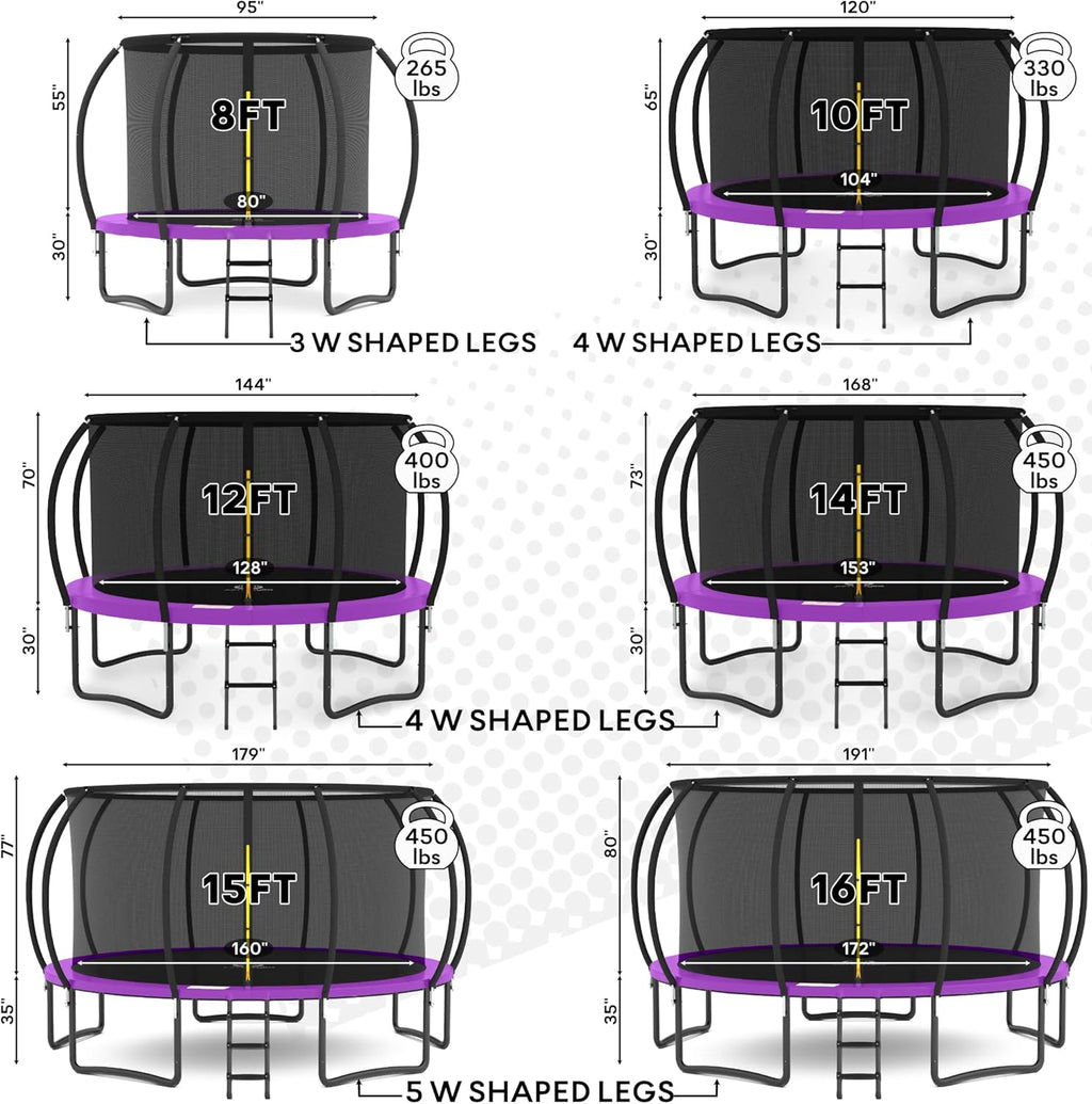 JUMPZYLLA Trampoline 8FT 10FT 12FT 14FT 15FT 16FT Trampoline with Enclosure - Recreational Trampolines with Ladder and AntiRust Coating, ASTM Approval Outdoor Trampoline for Kids