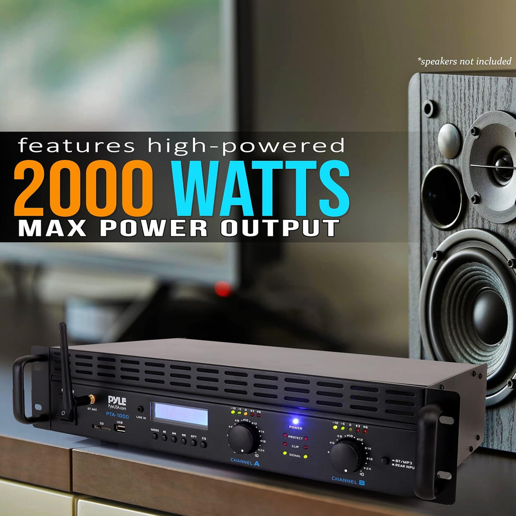 2-Channel Bluetooth Power Amplifier - 2000W Bridgeable Rack Mount Pro Audio Sound Wireless Home Stereo Receiver w/TRS XLR Input,LCD, Bridge Mode, Cooling Fan - Entertainment Speaker System