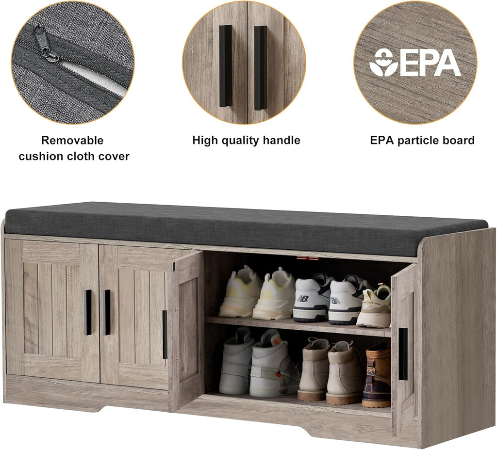 2-Tier Storage Bench, Shoe Bench with Thickened Padded Seat Cushion, Entryway Bench with 4 Doors, Adjustable Shelf, 13.8" D x 45.3" W x 18.5" H, for Entryway, Living Room, Bedroom, White