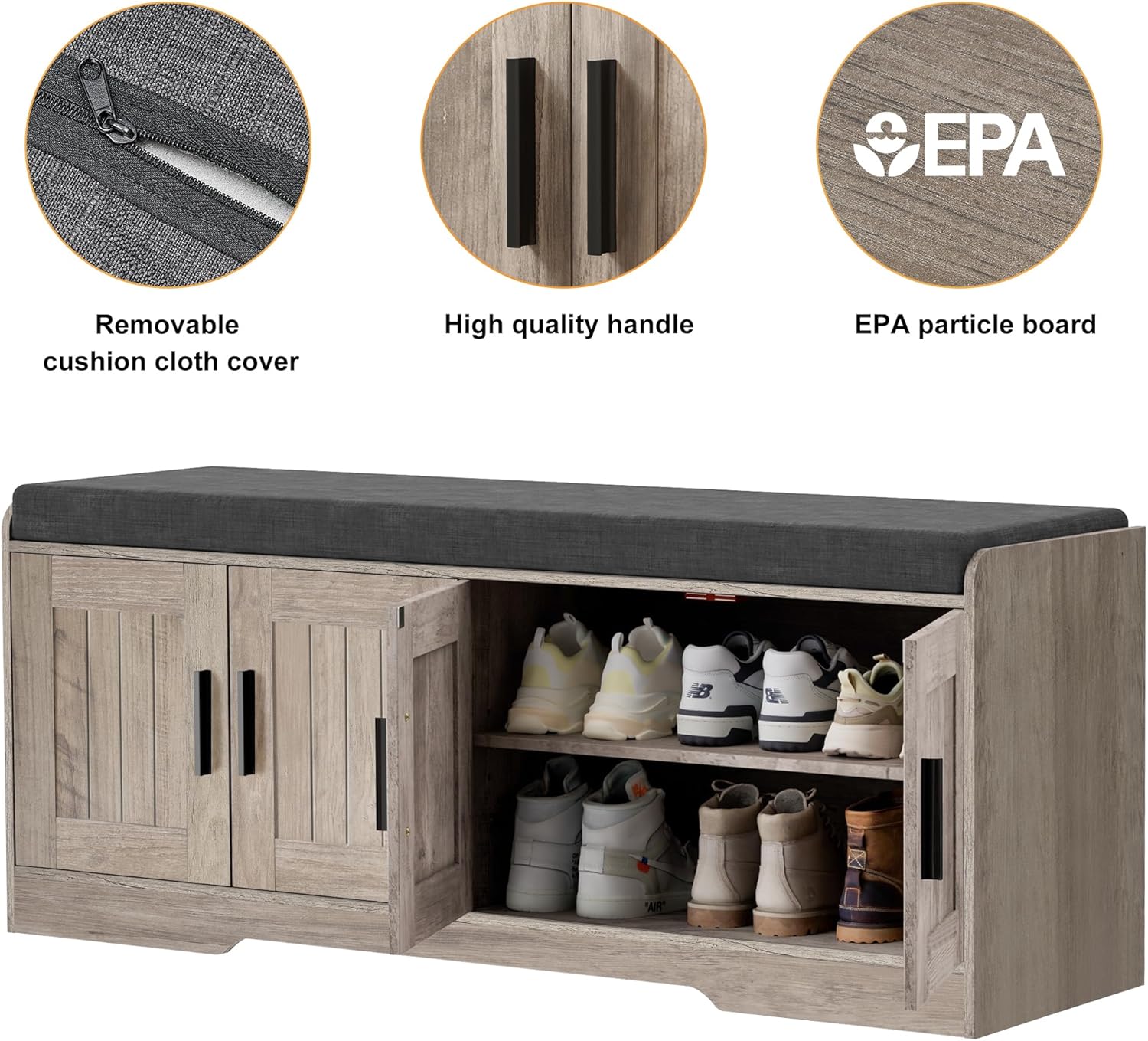 2-Tier Storage Bench, Shoe Bench with Thickened Padded Seat Cushion, Entryway Bench with 4 Doors, Adjustable Shelf, 13.8" D x 45.3" W x 18.5" H, for Entryway, Living Room, Bedroom, White