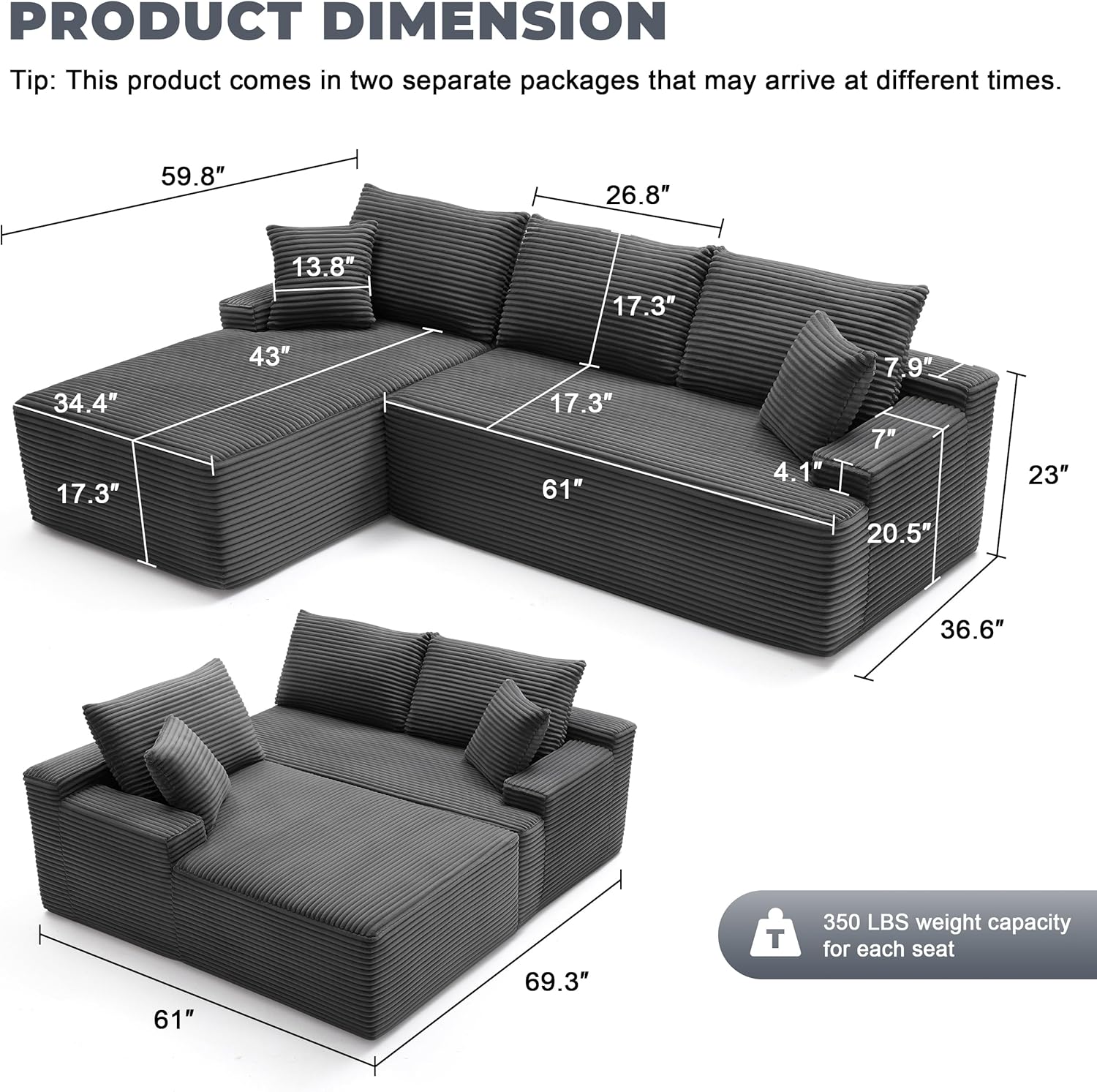 110 Cloud Sectional Couch, Boneless Sofa for Living Room Modular Sectional Sofa with Deep Seat