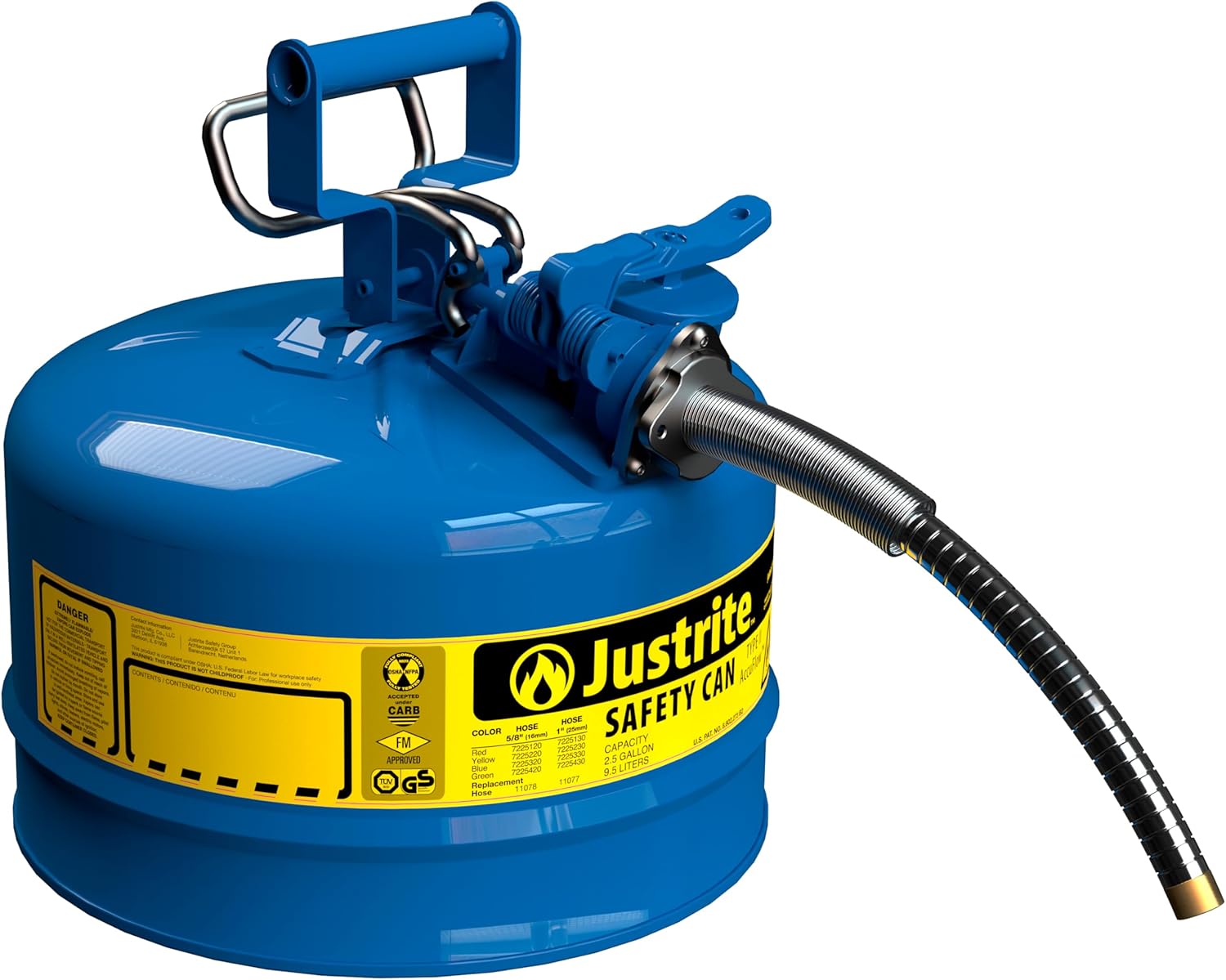 Justrite 5-Gallon Type II Red Safety Gas Can OSHA-Approved Steel Fuel Container with Flame Arrester, Self-Closing Lid & 1" Flexible Spout (7250130)