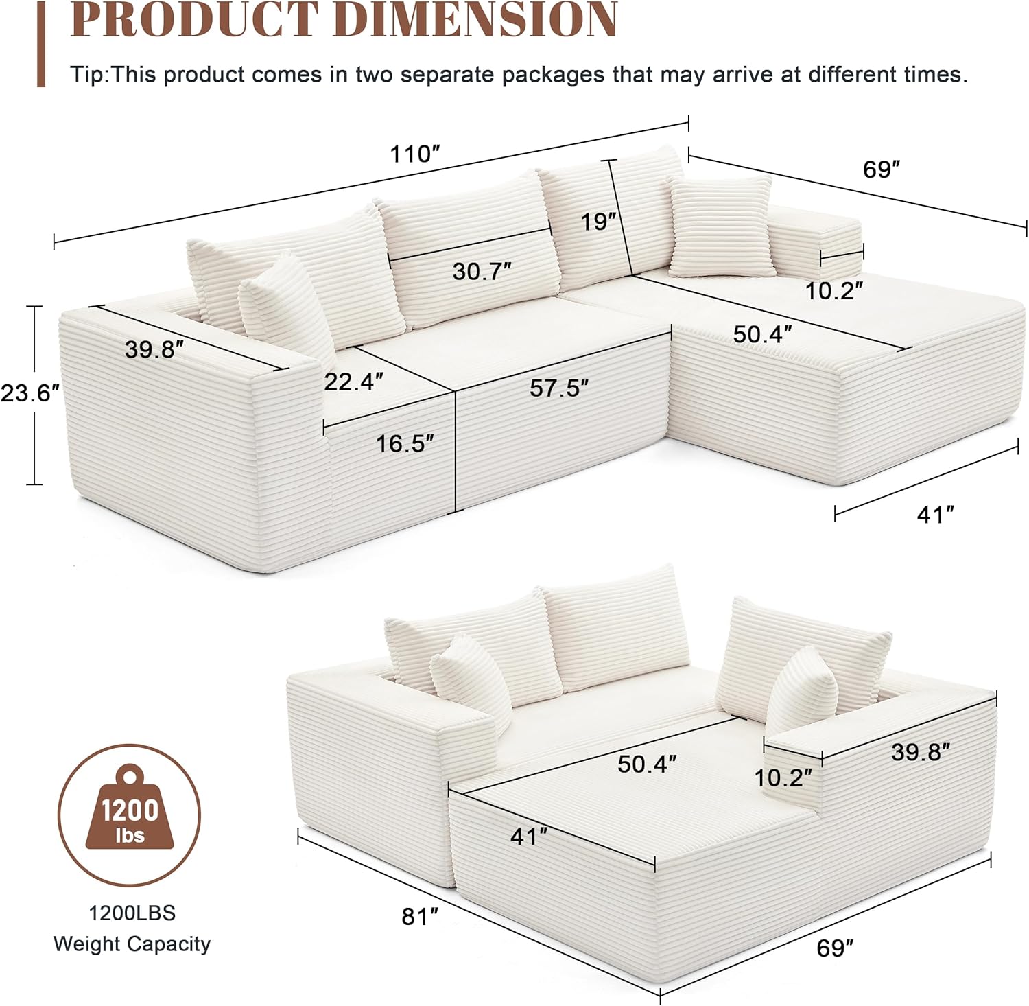 110 Cloud Sectional Couch, Boneless Sofa for Living Room Modular Sectional Sofa with Deep Seat