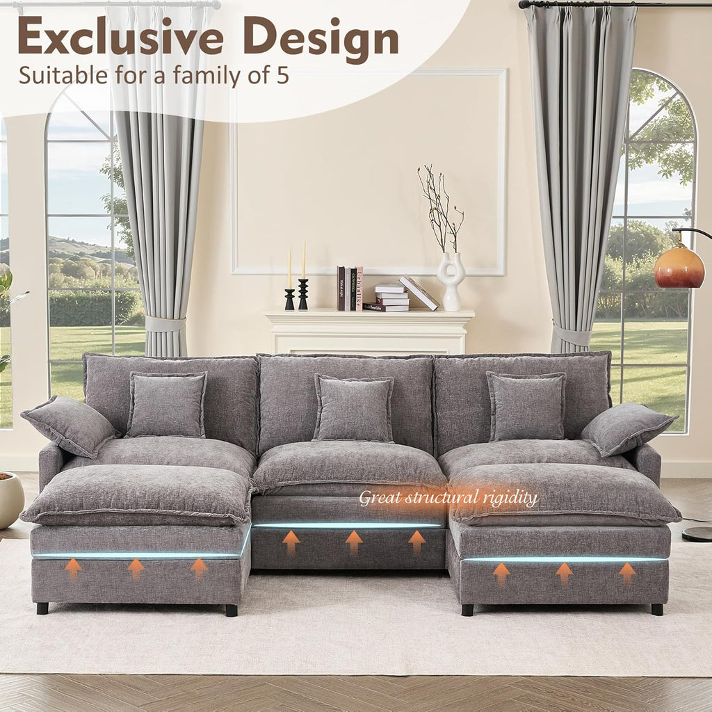 108" U Shaped Couch, Modular Sectional Sofa, 3-Seater Comfy Cloud Couch with Movable Ottoman, Deep Seat Couches for Living Room, Linen, Beige
