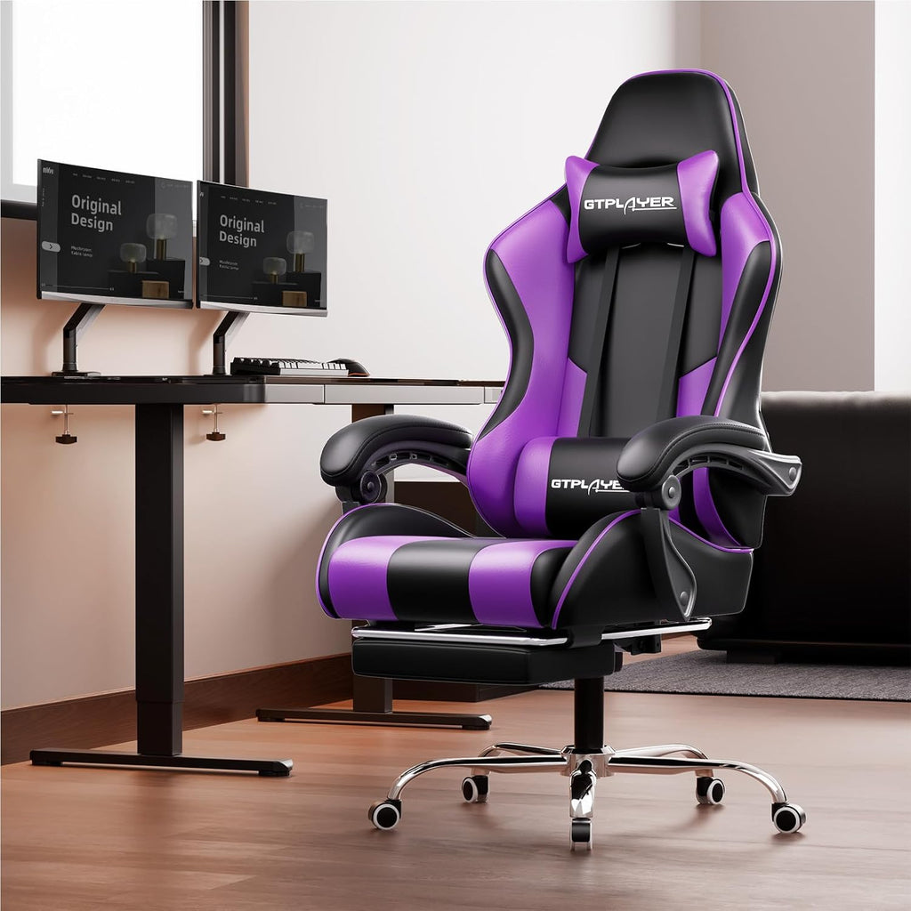 GTPLAYER Gaming Chair with Footrest and Lumbar Support Ergonomic Computer Chair with Headrest, 360掳 Swivel, Height Adjustable, White