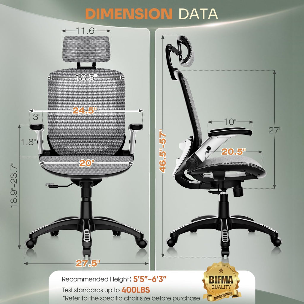 GABRYLLY Ergonomic Office Chair, High Back Home Desk Chair with Headrest, Flip-Up Arms, 90-120° Tilt Lock and Wide Cushion, Big and Tall Mesh Chairs for Man Woman, Black Task Chair